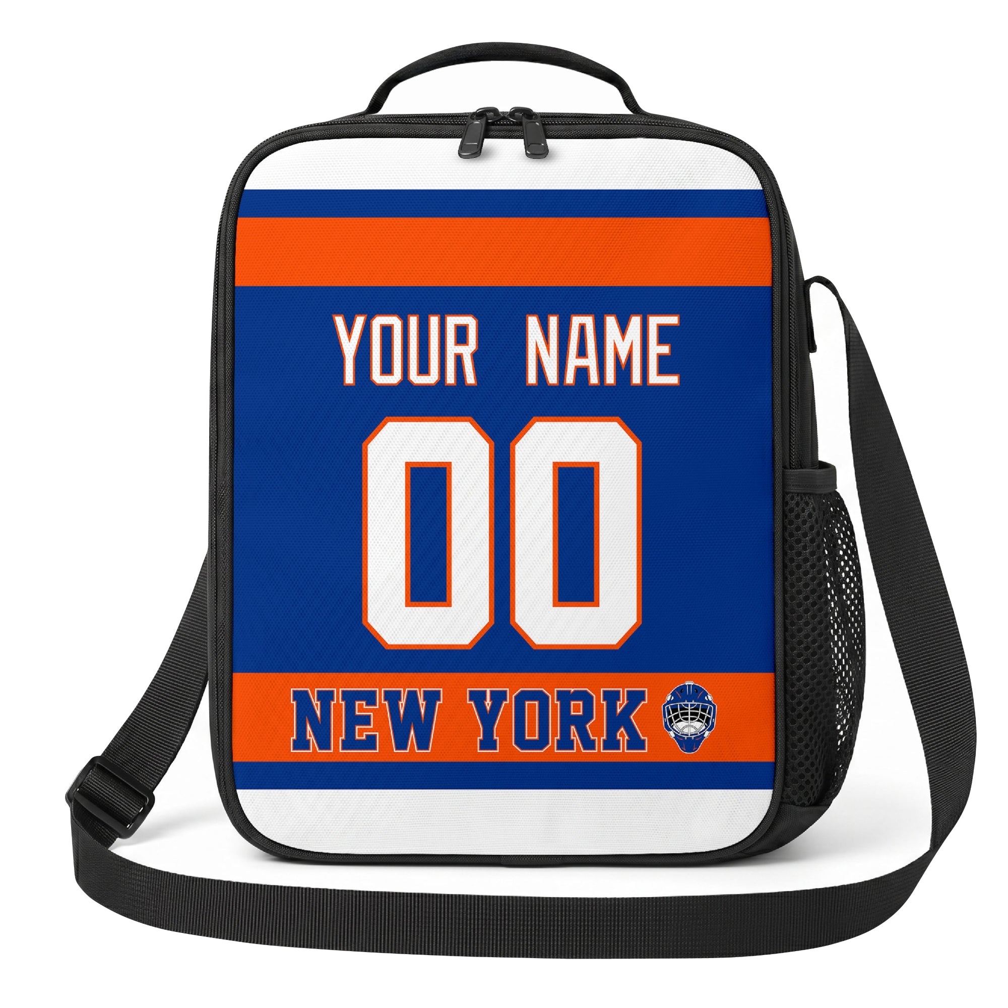 New York hockey shoulder bag front view in Royal city-color style with custom name and number