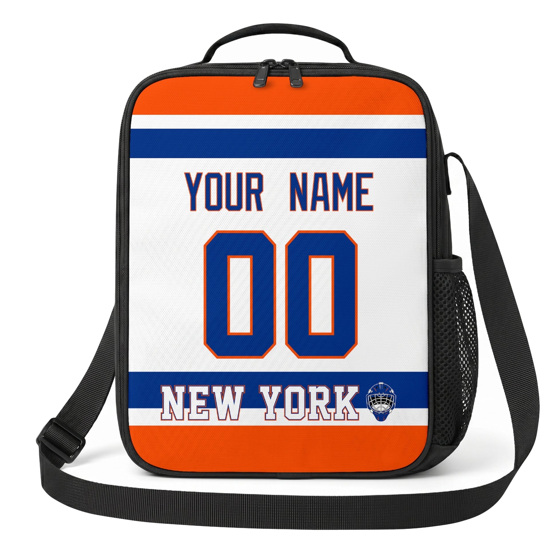 New York hockey shoulder bag front view in White city-color style with custom name and number
