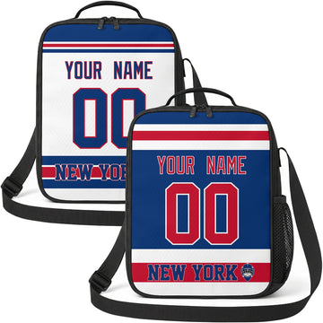 Personalized New York R hockey shoulder bag showing both blue and white city-color styles