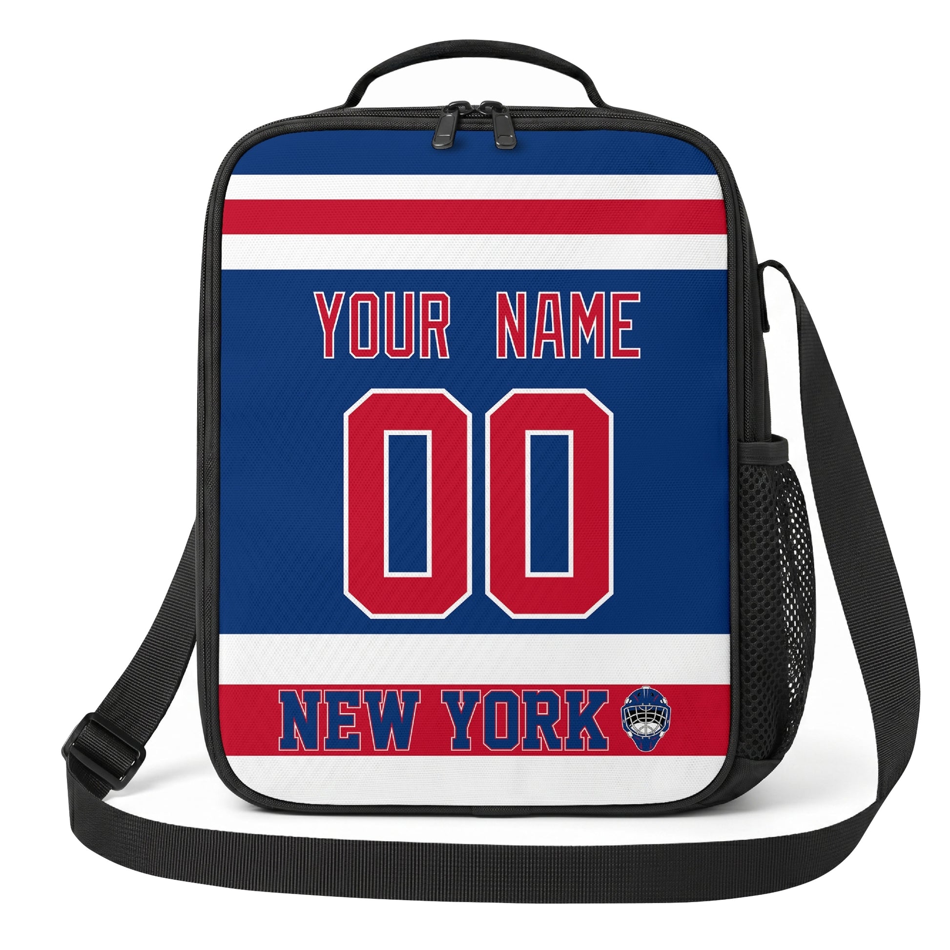 New York R hockey shoulder bag front view in Blue city-color style with custom name and number
