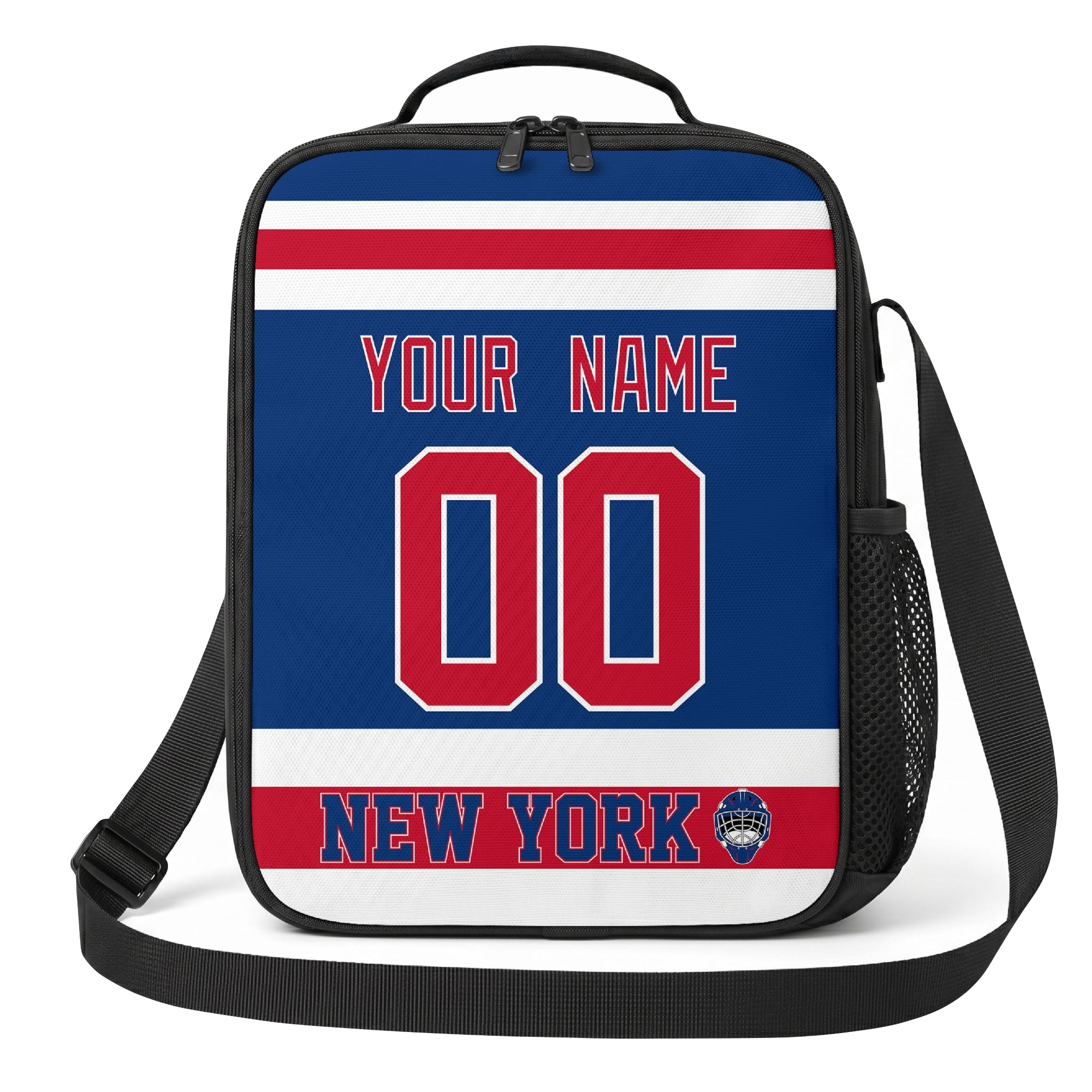 New York R hockey shoulder bag front view in Blue city-color style with custom name and number