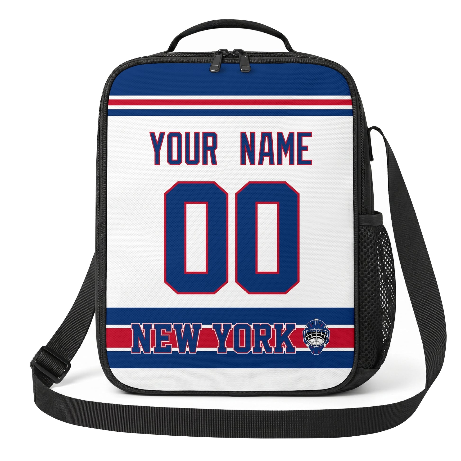 New York R hockey shoulder bag front view in White city-color style with custom name and number