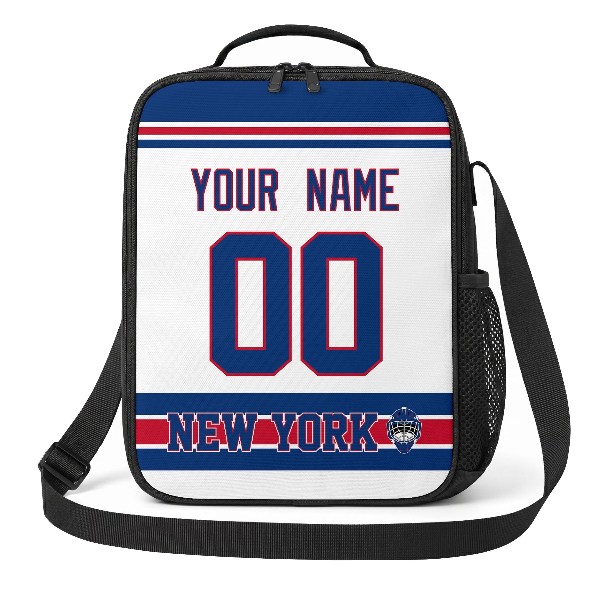 New York R hockey shoulder bag front view in White city-color style with custom name and number