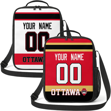 Personalized Ottawa hockey shoulder bag showing both red and white city-color styles