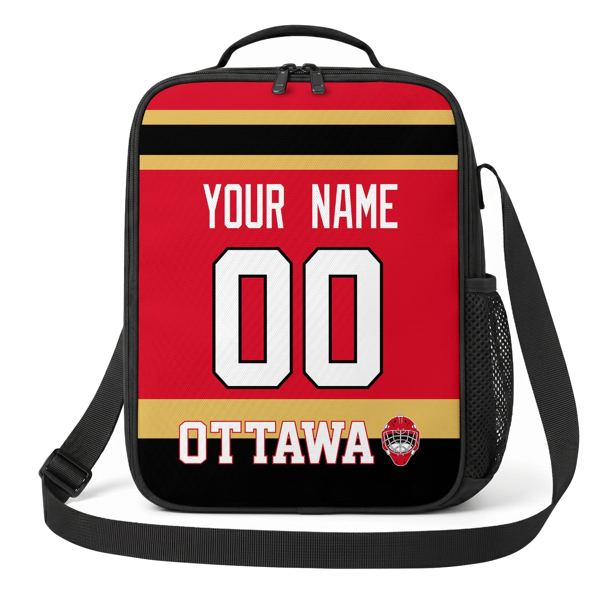Ottawa hockey shoulder bag front view in Red city-color style with custom name and number