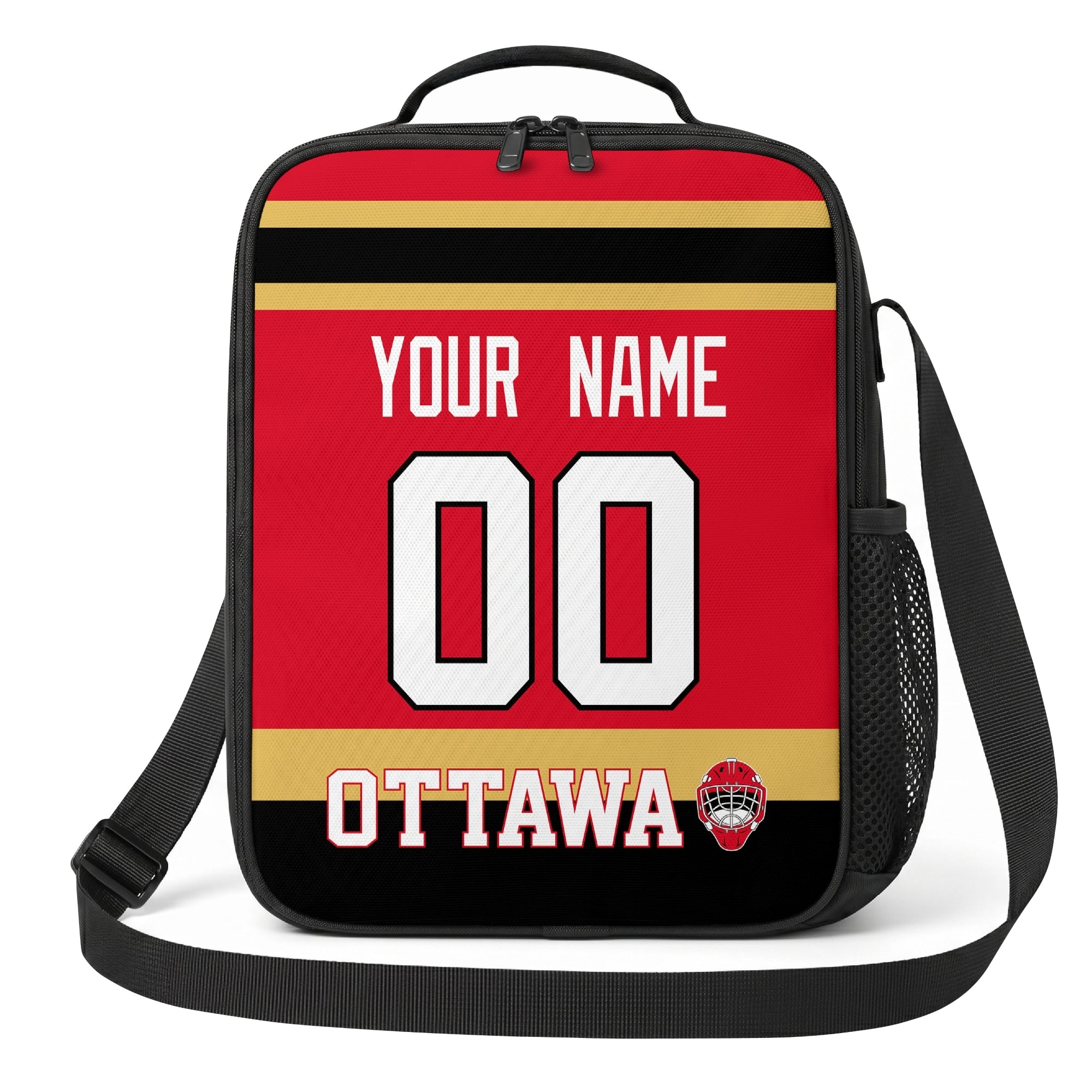 Ottawa hockey shoulder bag front view in Red city-color style with custom name and number