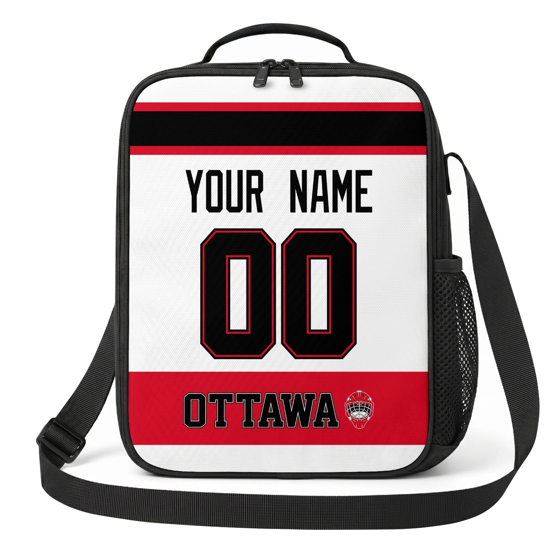 Ottawa hockey shoulder bag front view in White city-color style with custom name and number