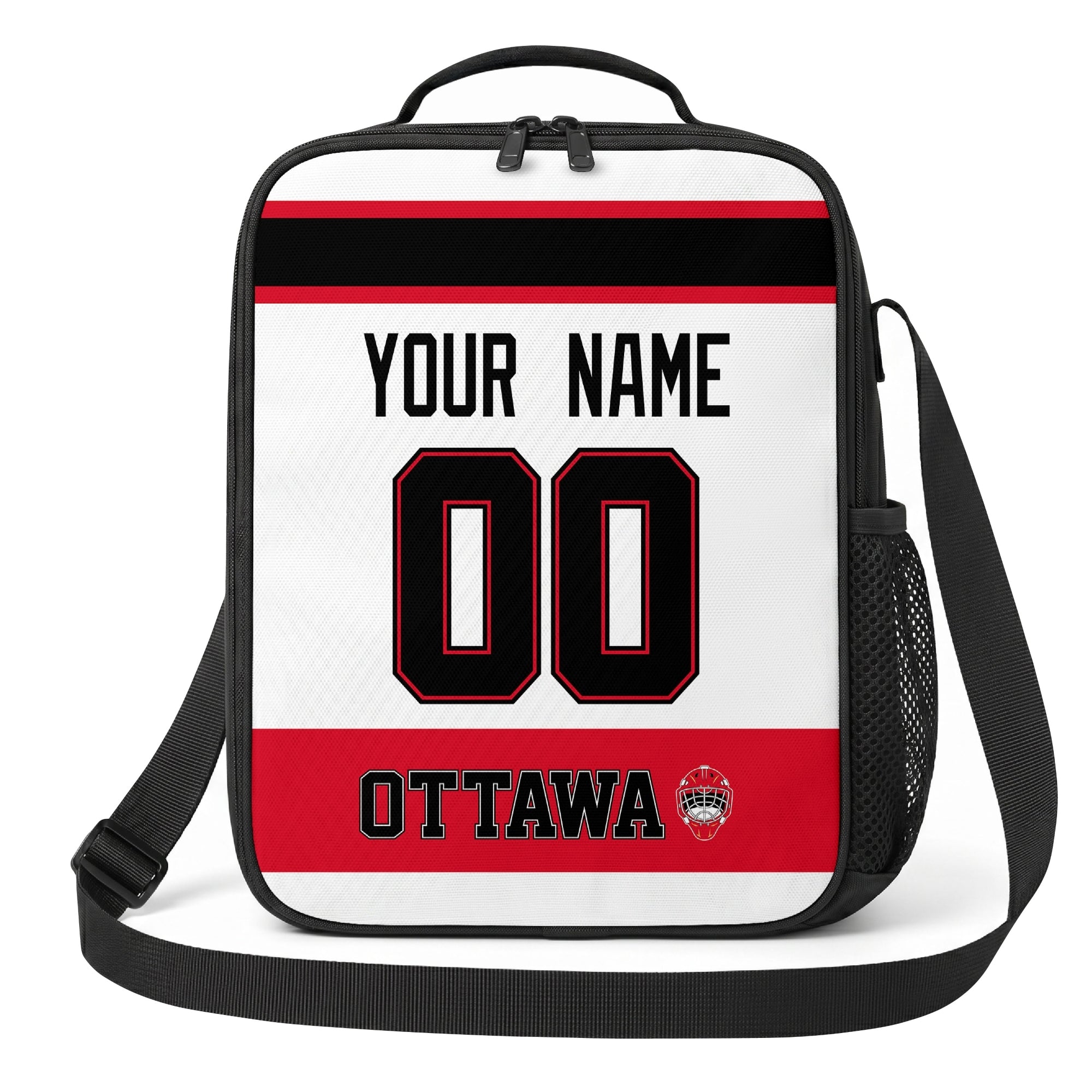 Ottawa hockey shoulder bag front view in White city-color style with custom name and number
