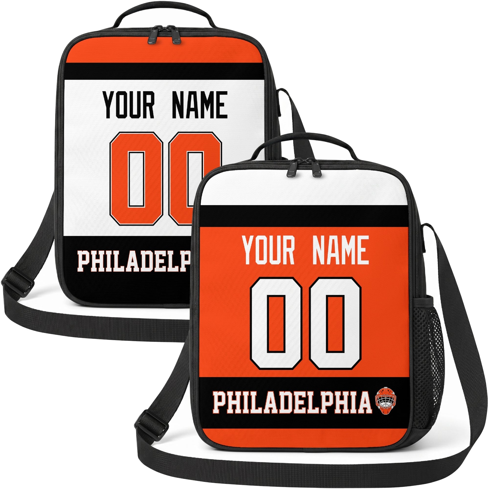 Personalized Philadelphia hockey shoulder bag showing both orange and white city-color styles