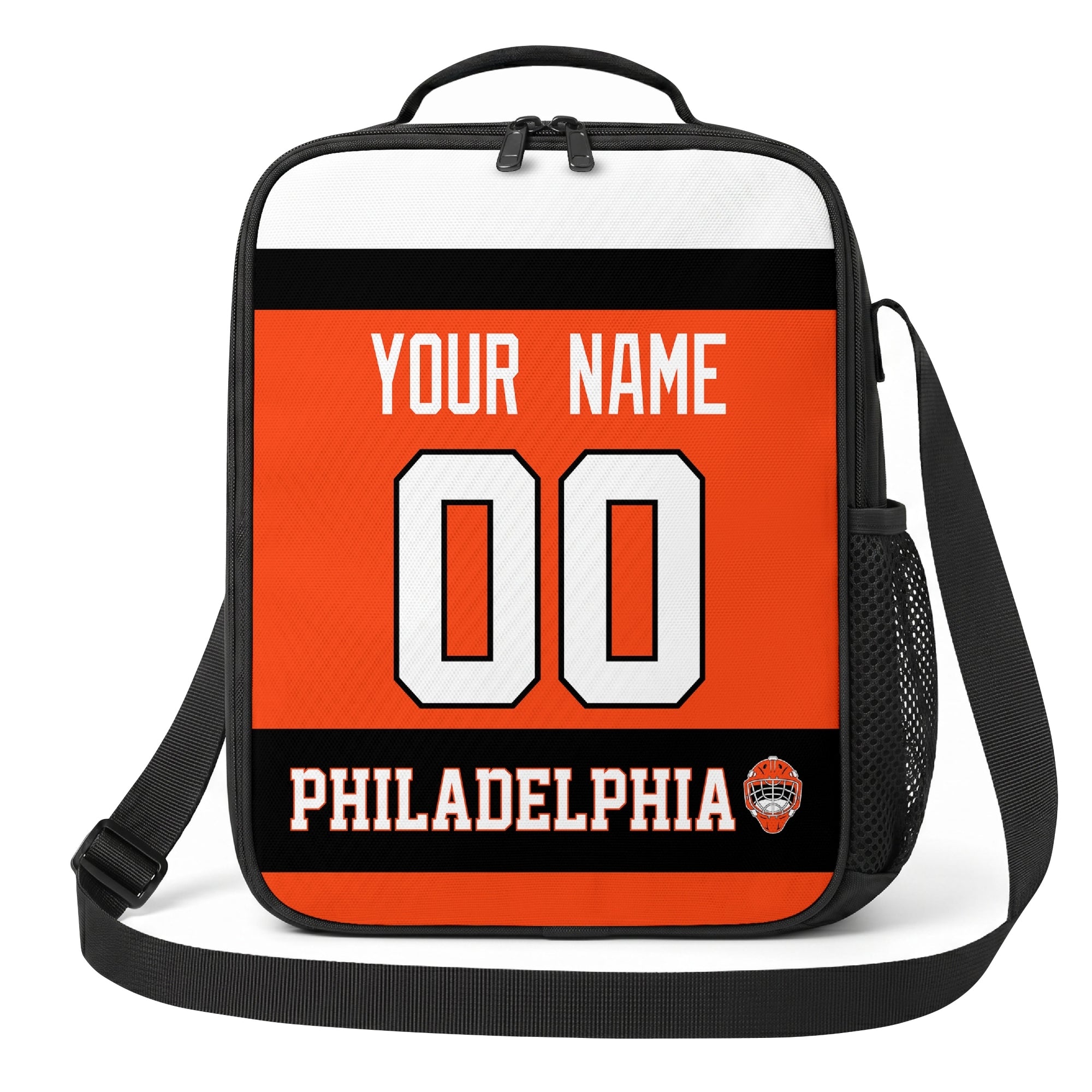 Philadelphia hockey shoulder bag front view in Orange city-color style with custom name and number