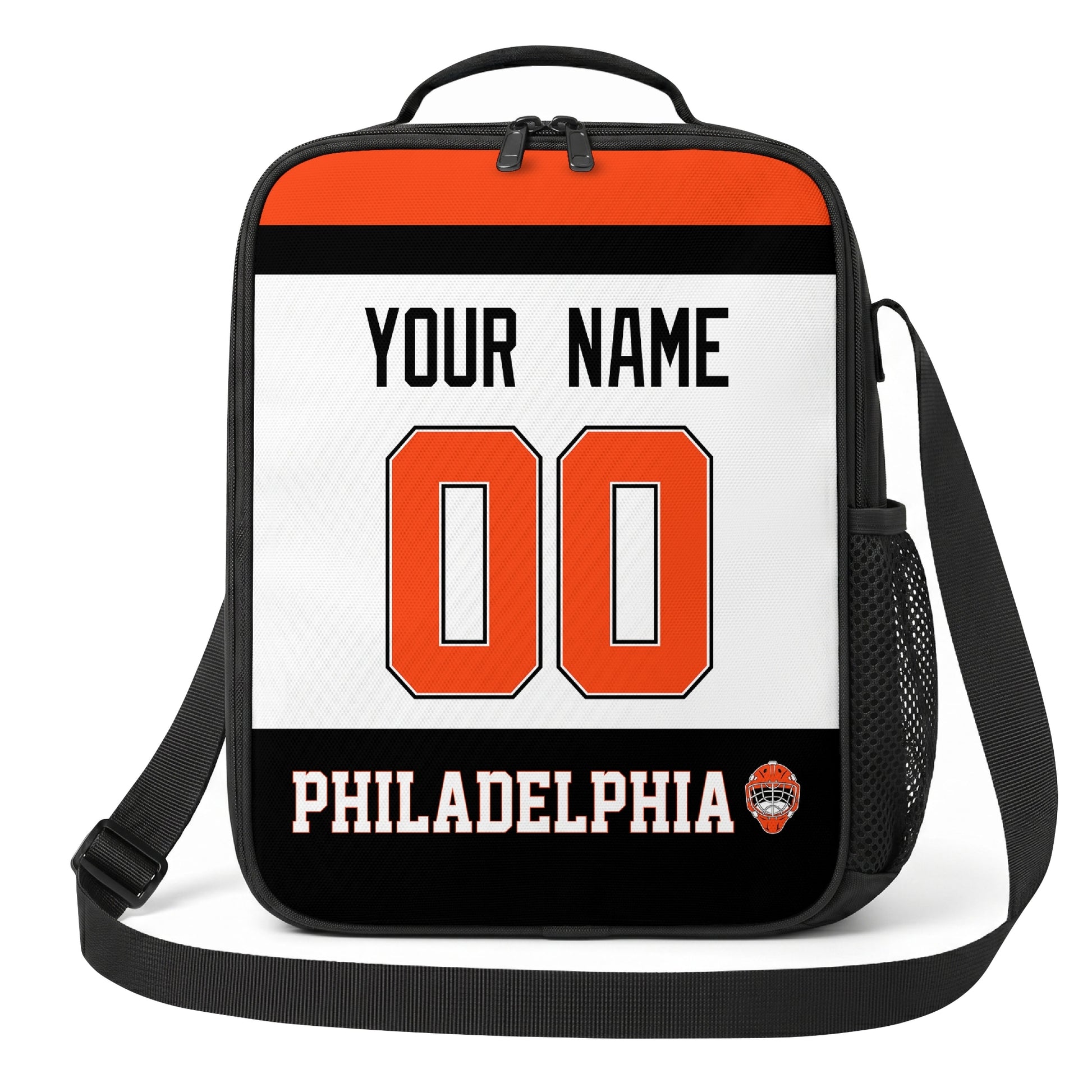 Philadelphia hockey shoulder bag front view in White city-color style with custom name and number