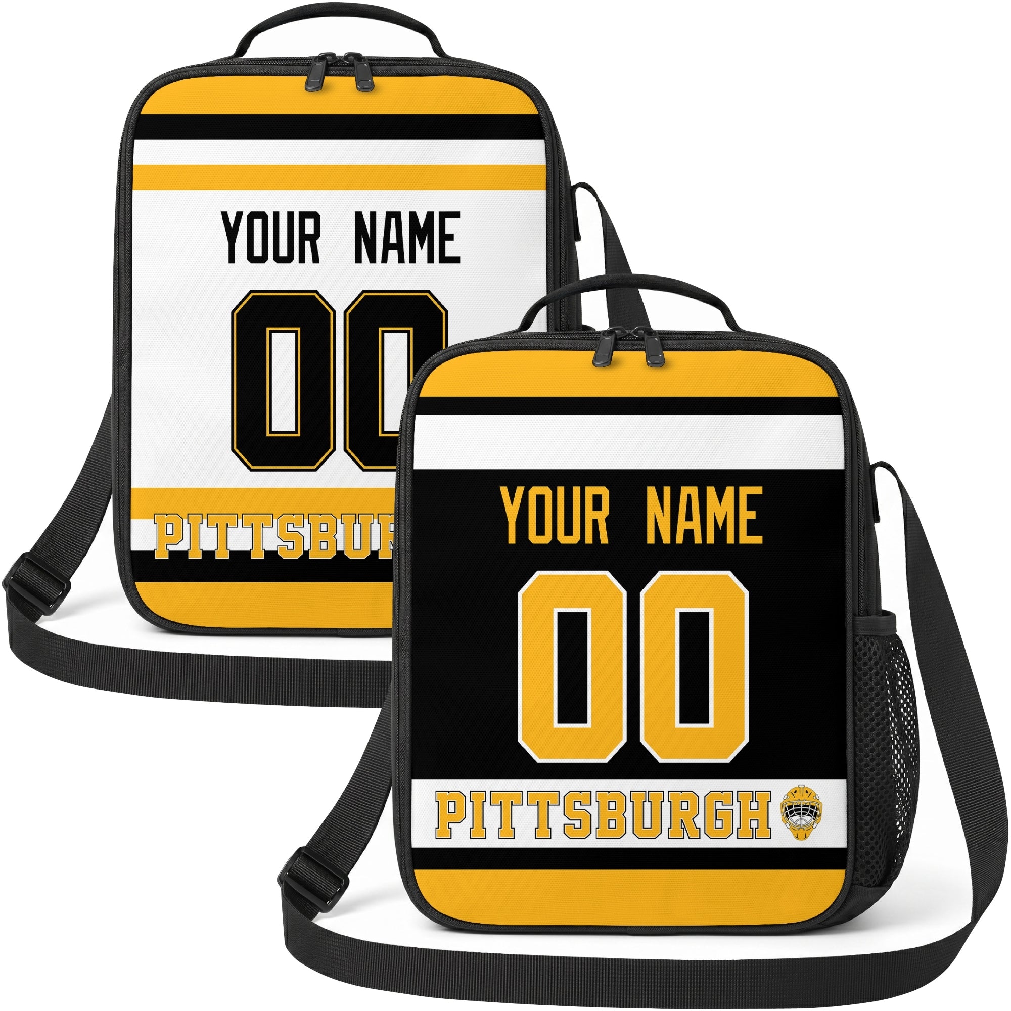 Personalized Pittsburgh hockey shoulder bag showing both black and white city-color styles