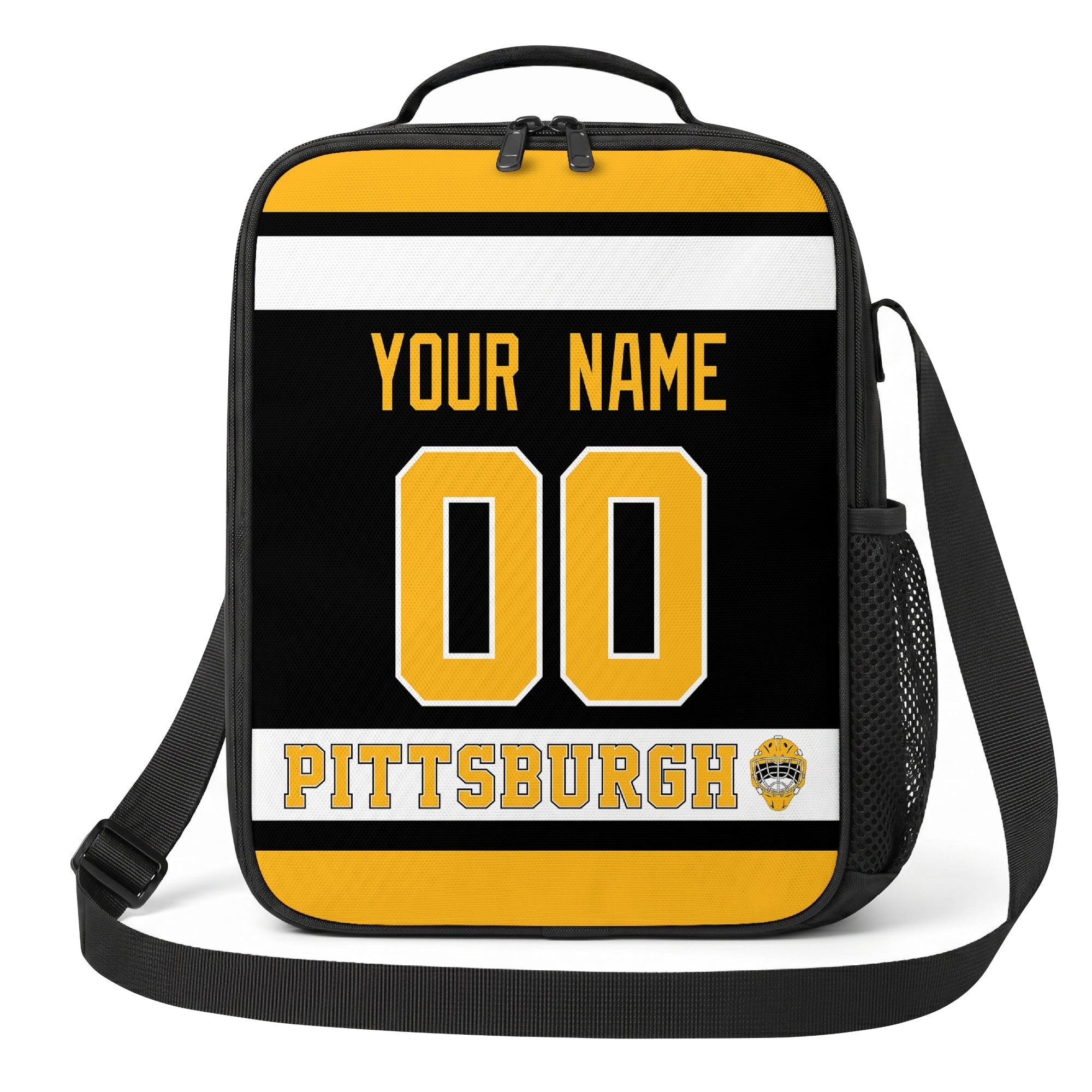 Pittsburgh hockey shoulder bag front view in Black city-color style with custom name and number