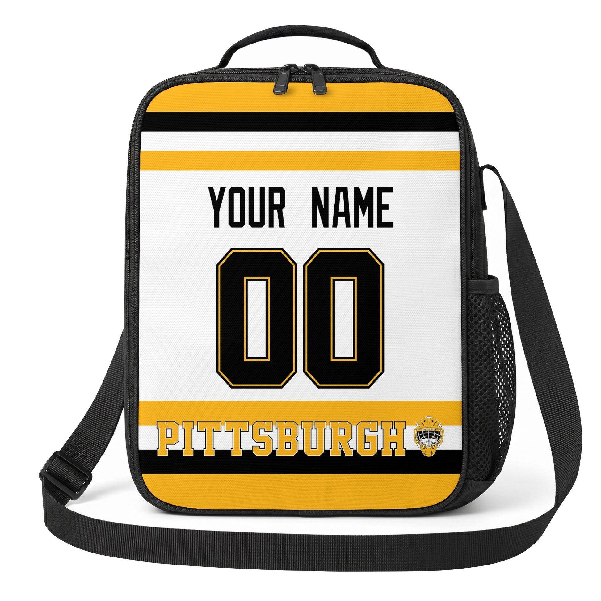 Pittsburgh hockey shoulder bag front view in White city-color style with custom name and number