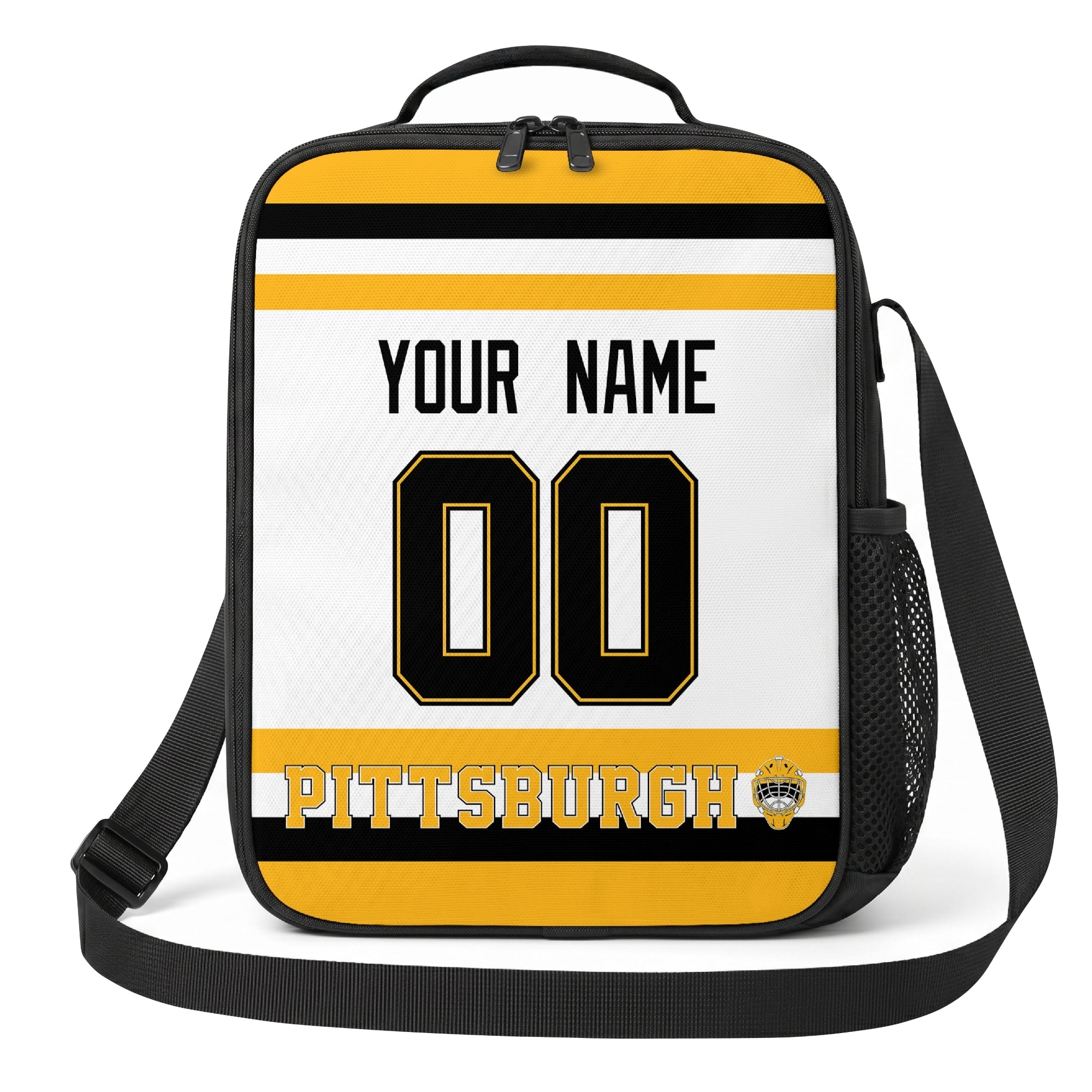 Pittsburgh hockey shoulder bag front view in White city-color style with custom name and number