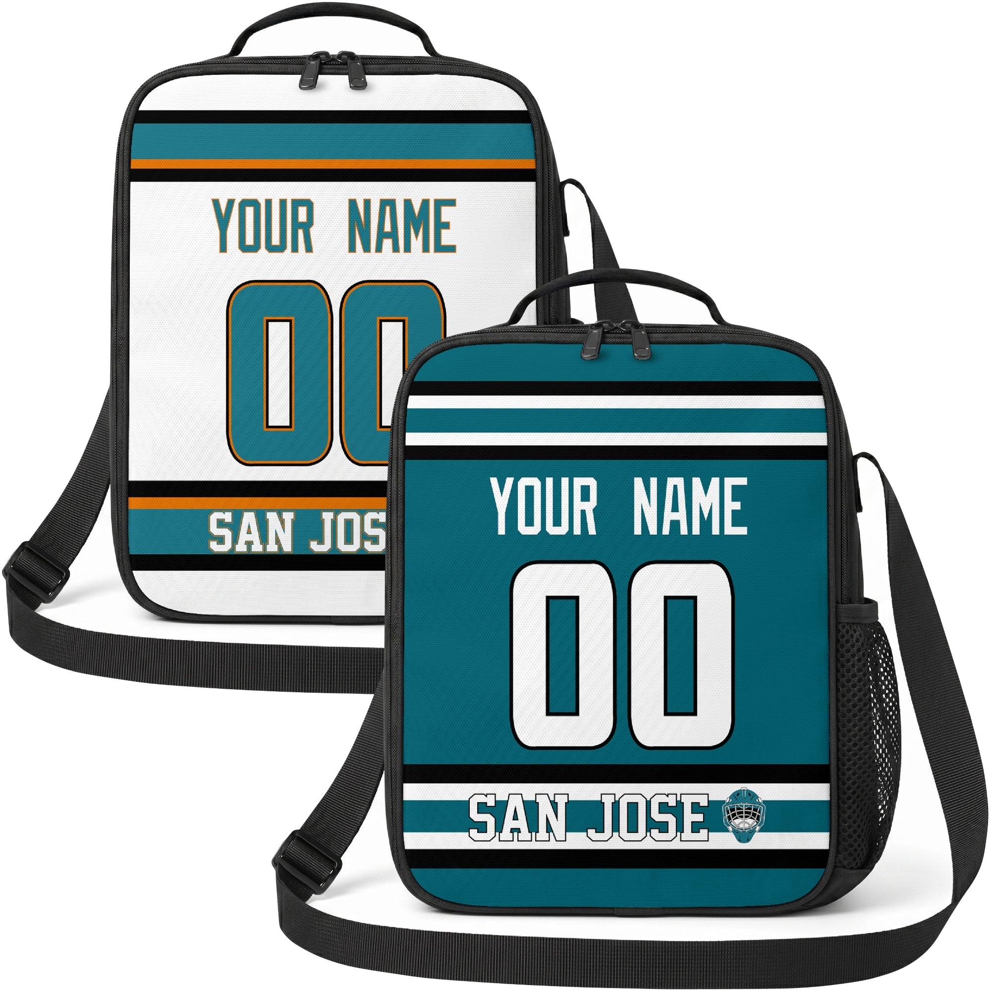 Personalized San Jose hockey shoulder bag showing both teal and white city-color styles