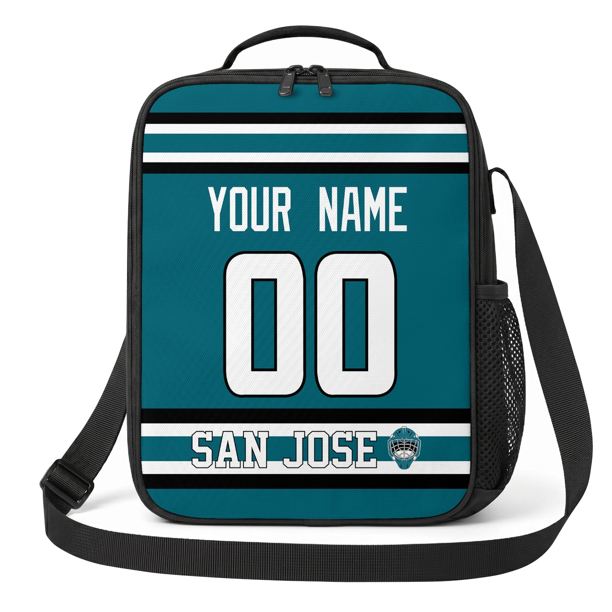 San Jose hockey shoulder bag front view in Teal city-color style with custom name and number