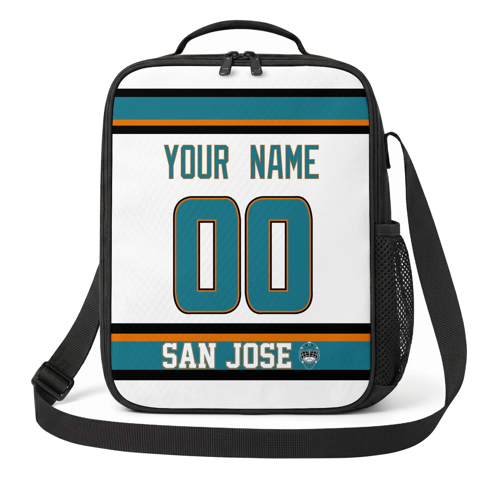 San Jose hockey shoulder bag front view in White city-color style with custom name and number