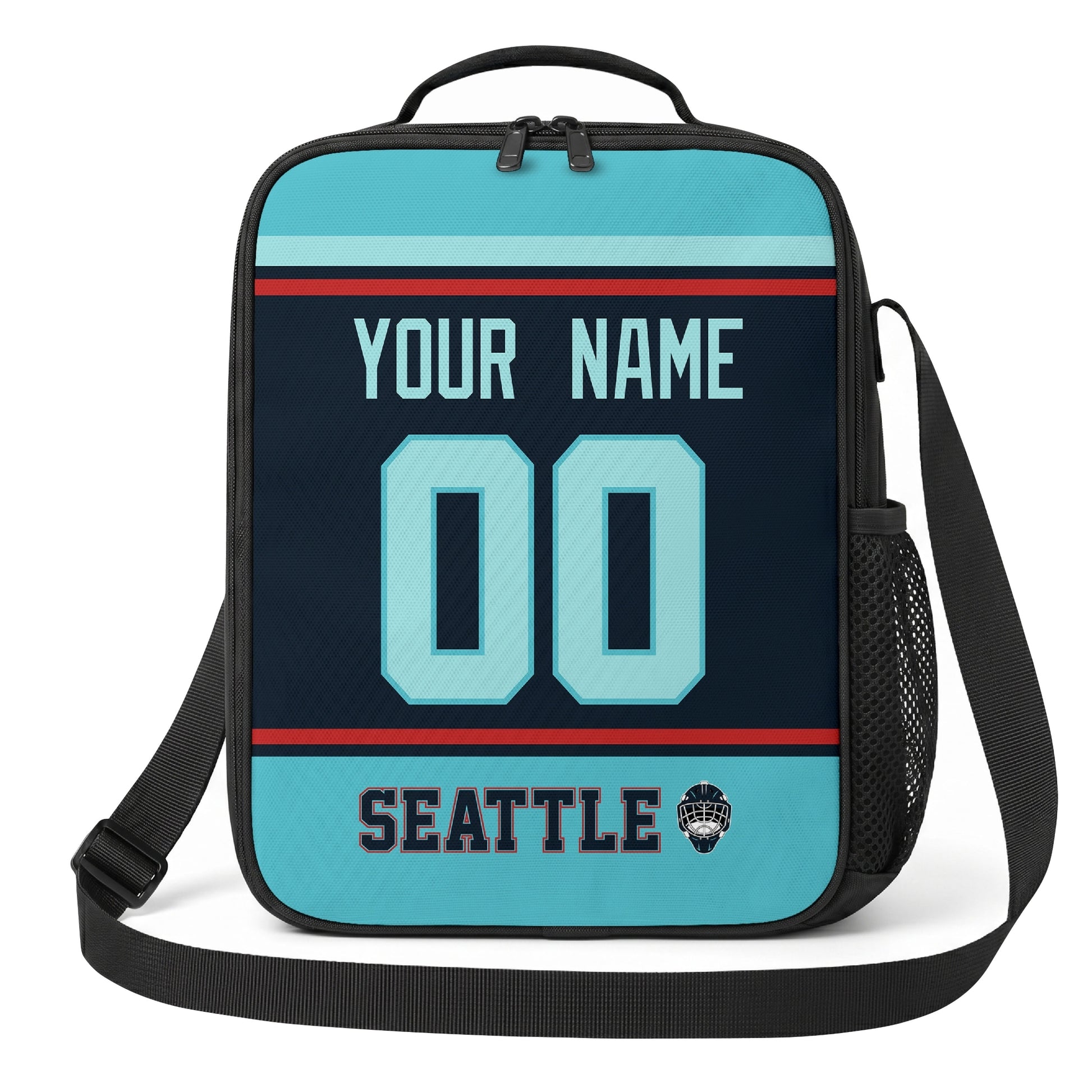 Seattle hockey shoulder bag front view in Blue city-color style with custom name and number