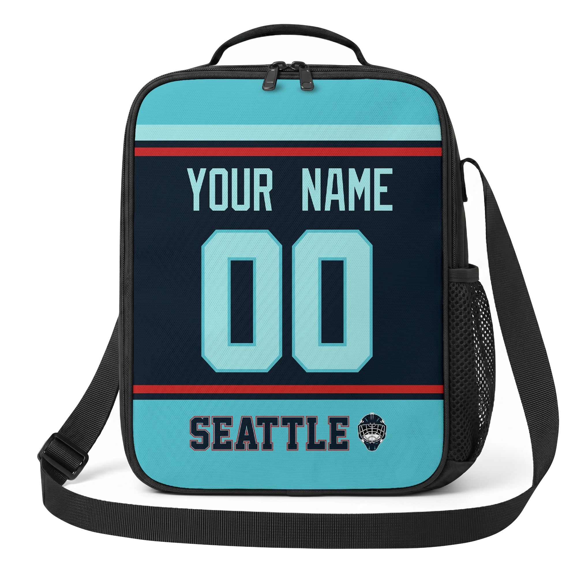 Seattle hockey shoulder bag front view in Blue city-color style with custom name and number