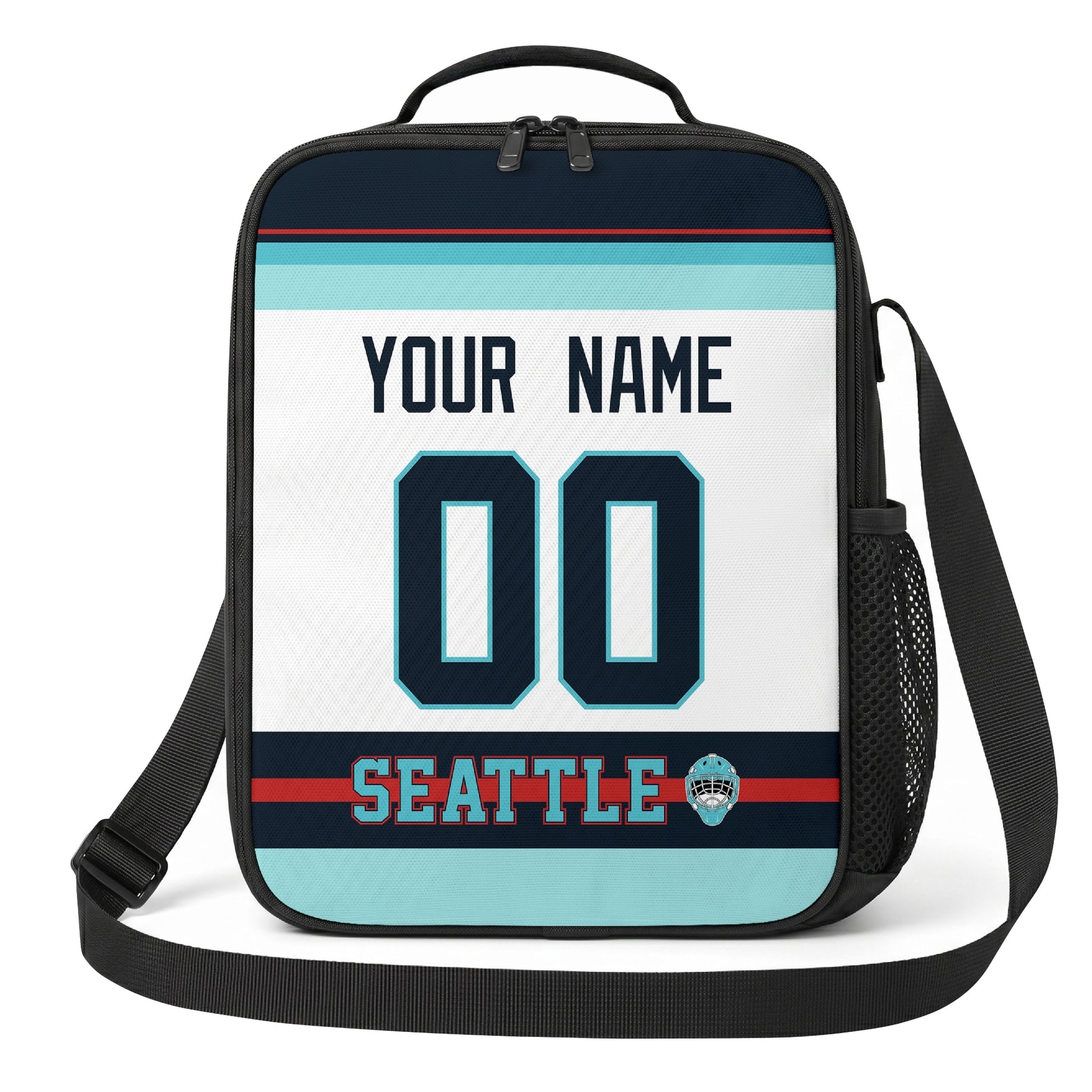 Seattle hockey shoulder bag front view in White city-color style with custom name and number