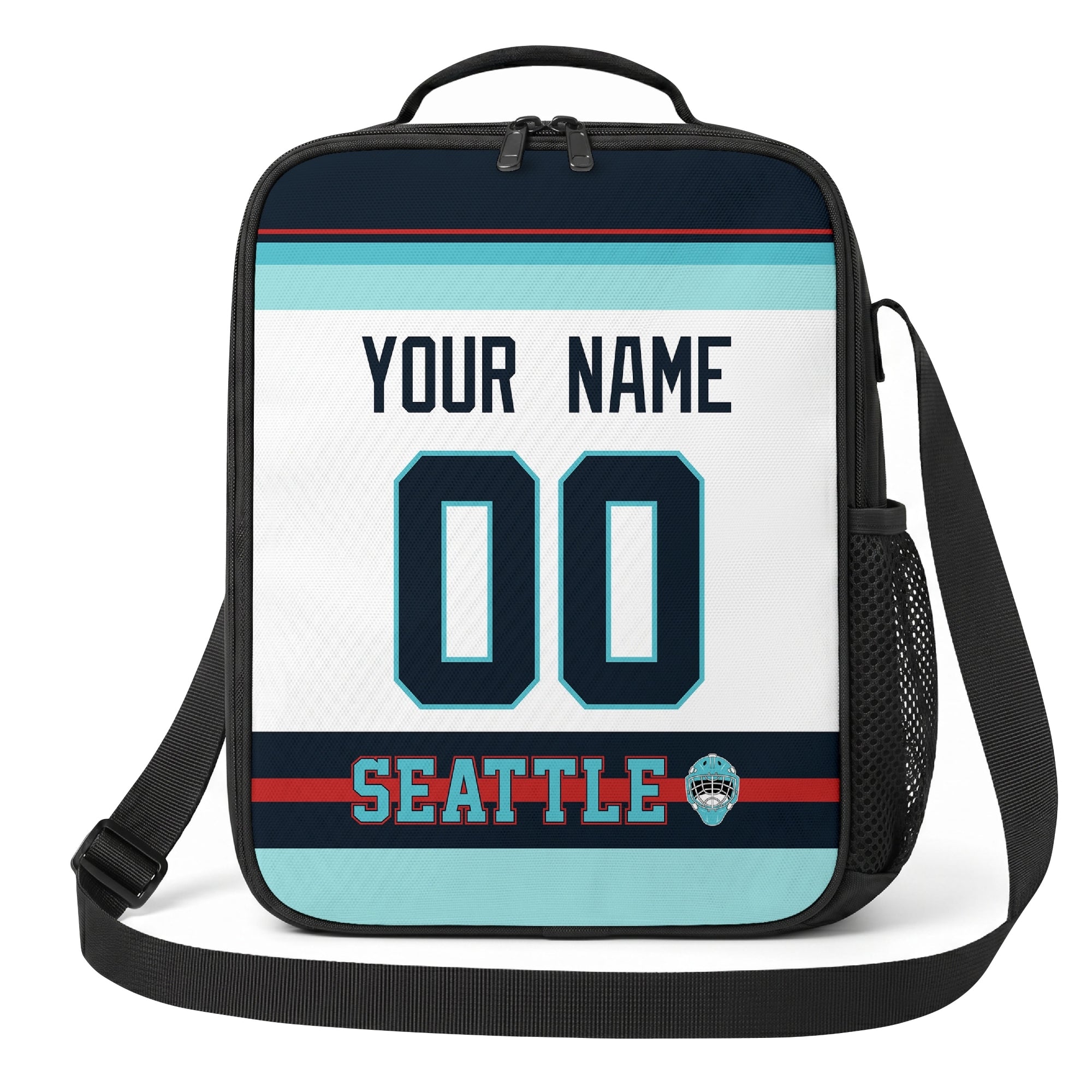 Seattle hockey shoulder bag front view in White city-color style with custom name and number