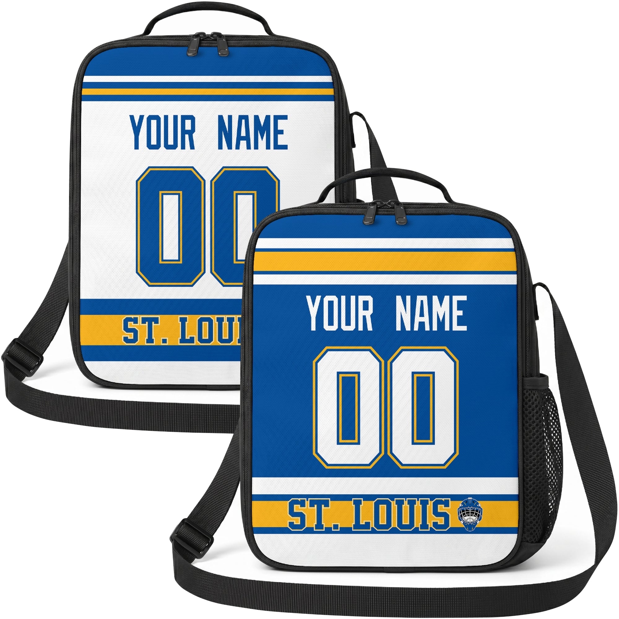 Personalized St. Louis hockey shoulder bag showing both blue and white city-color styles