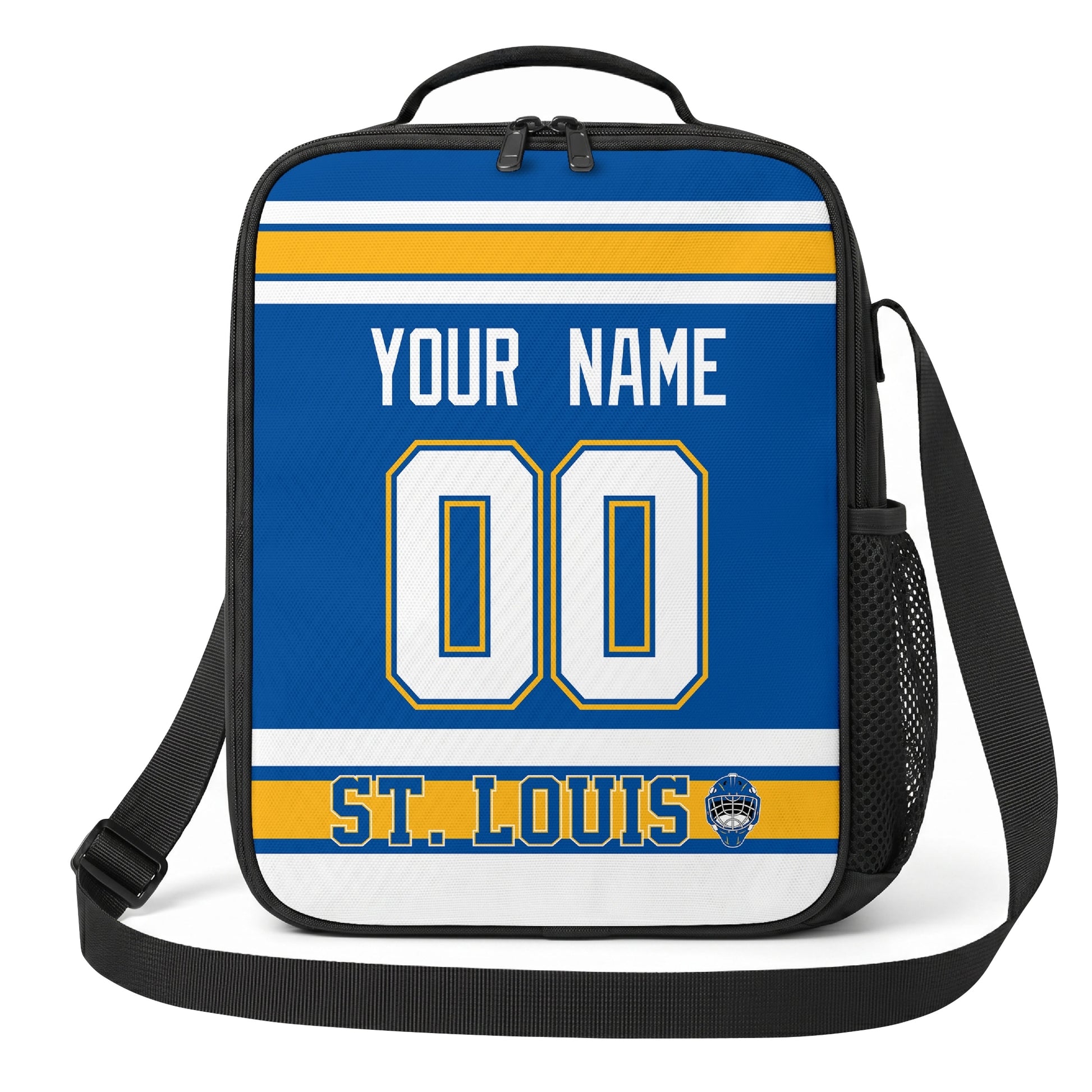St. Louis hockey shoulder bag front view in Blue city-color style with custom name and number