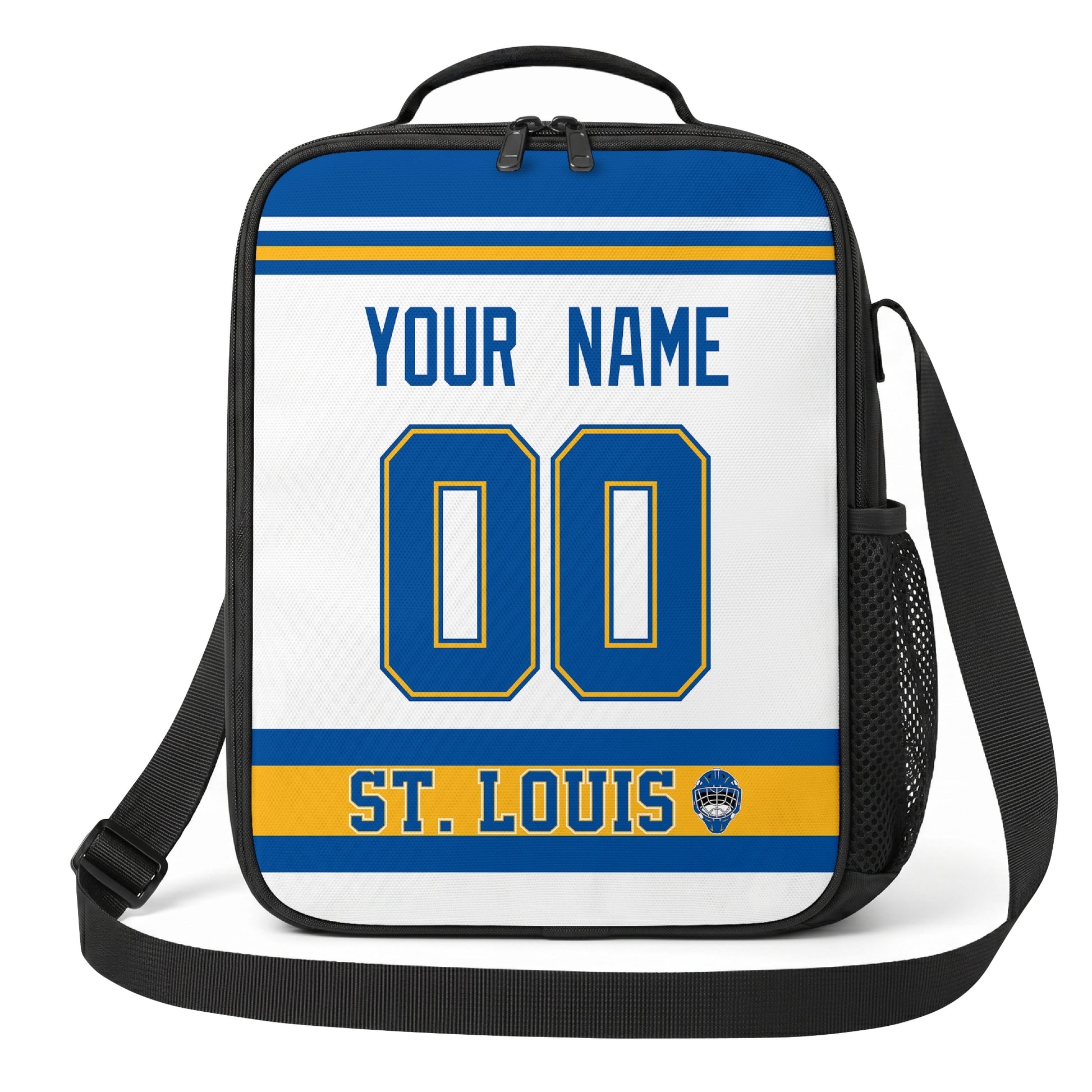 St. Louis hockey shoulder bag front view in White city-color style with custom name and number