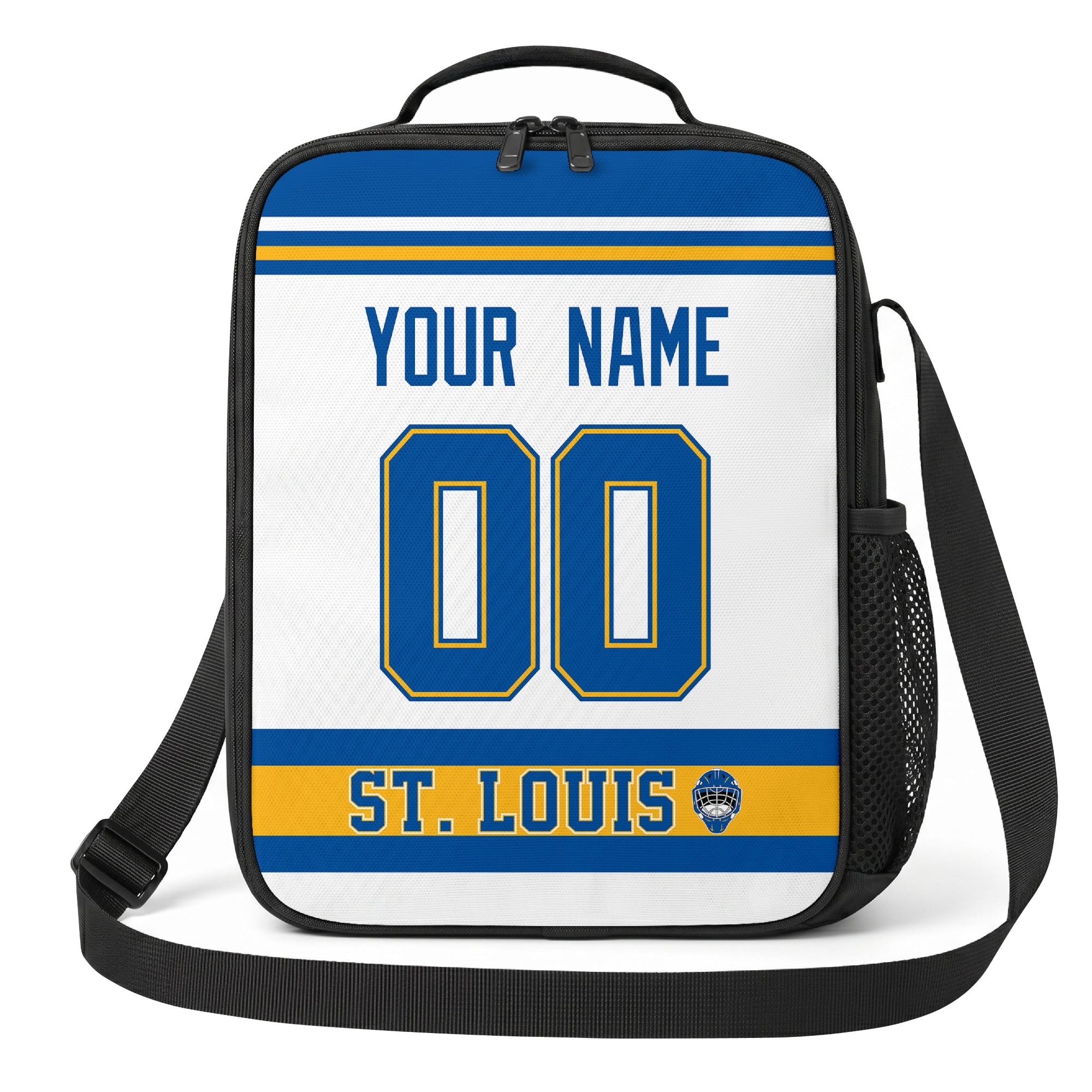 St. Louis hockey shoulder bag front view in White city-color style with custom name and number