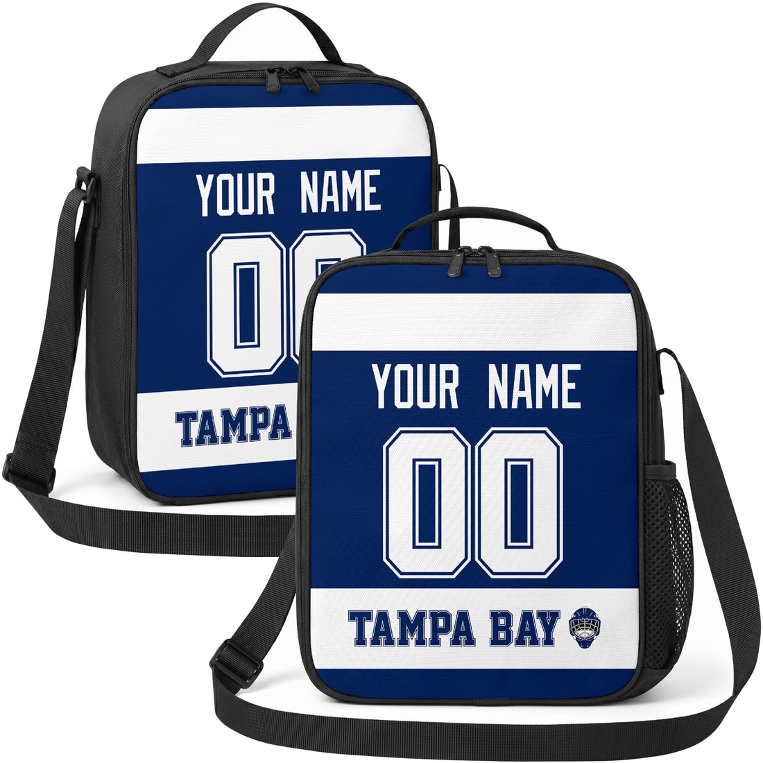 Personalized Tampa Bay hockey shoulder bag showing both blue and white city-color styles