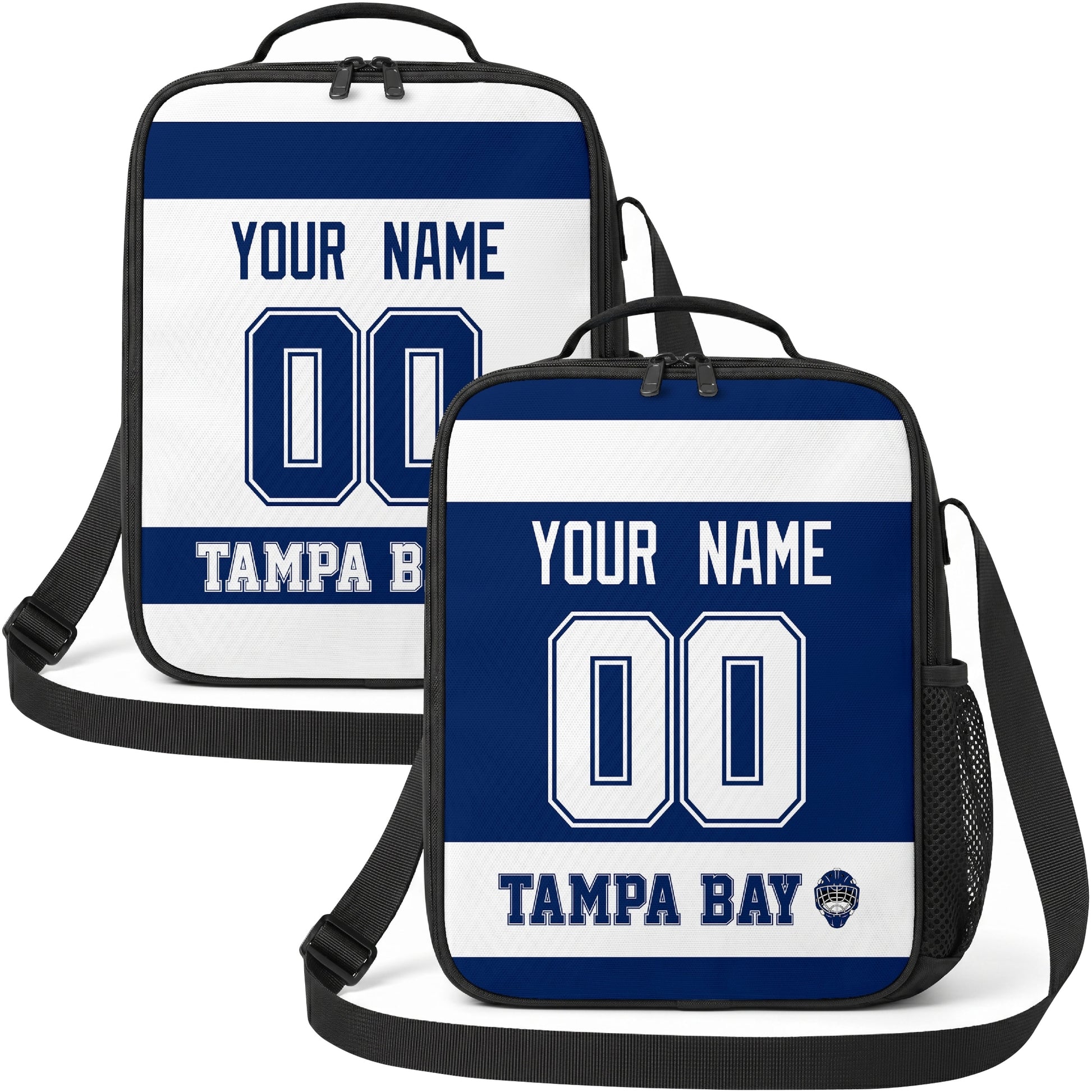 Personalized Tampa Bay hockey shoulder bag showing both blue and white city-color styles