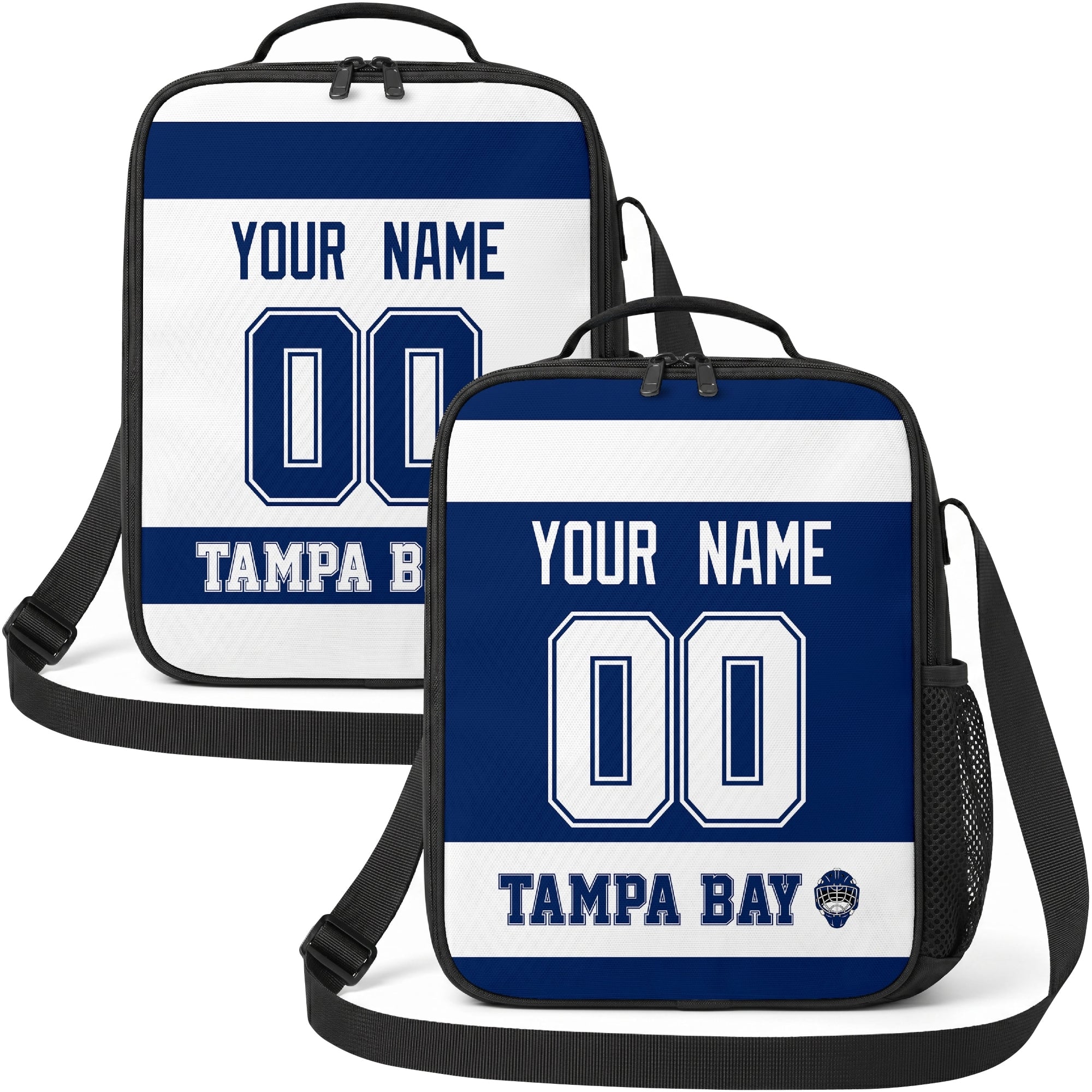 Personalized Tampa Bay hockey shoulder bag showing both blue and white city-color styles