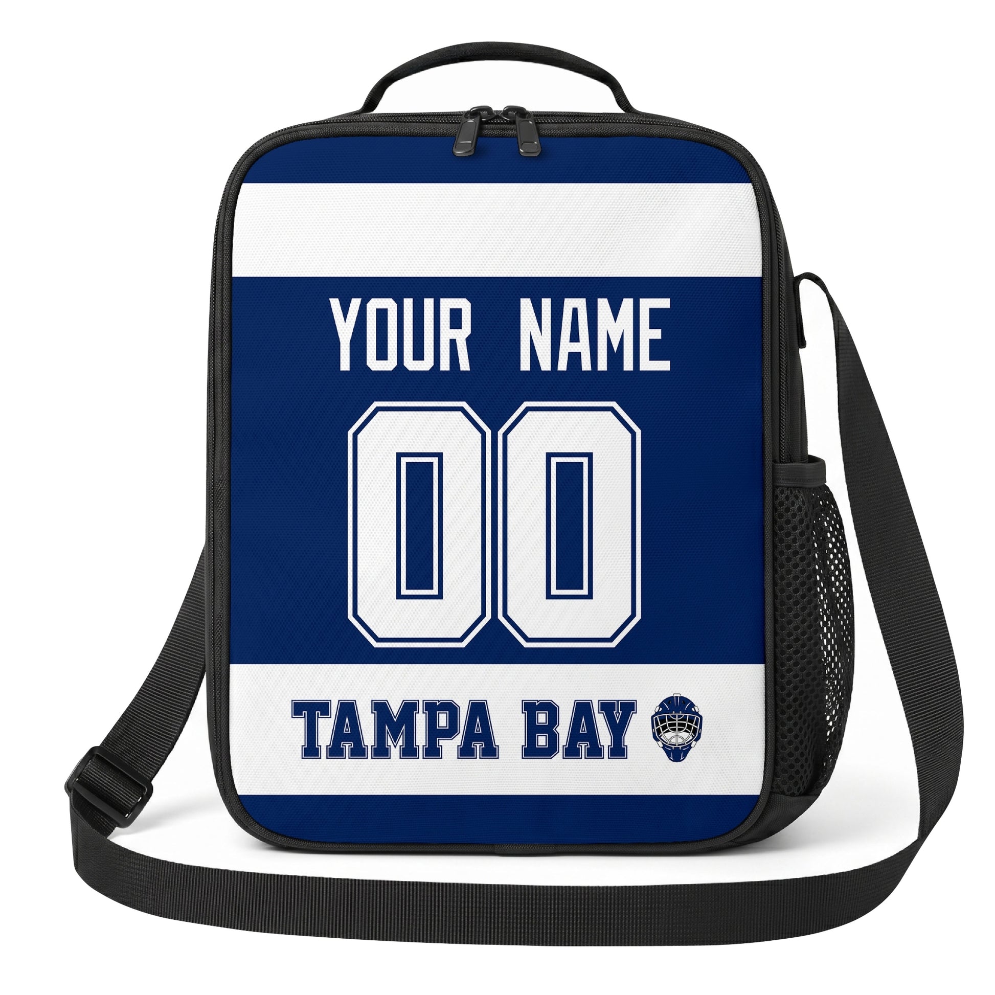 Tampa Bay hockey shoulder bag front view in Blue city-color style with custom name and number
