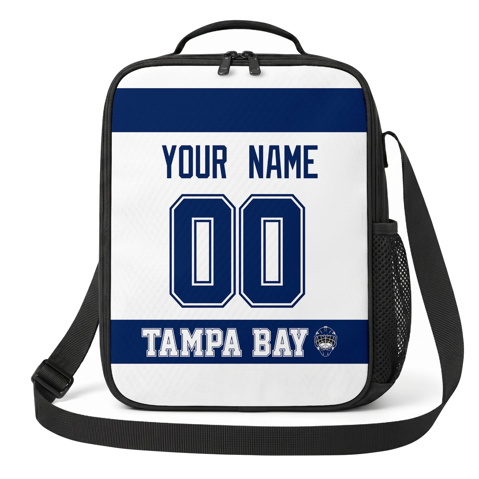 Tampa Bay hockey shoulder bag front view in White city-color style with custom name and number