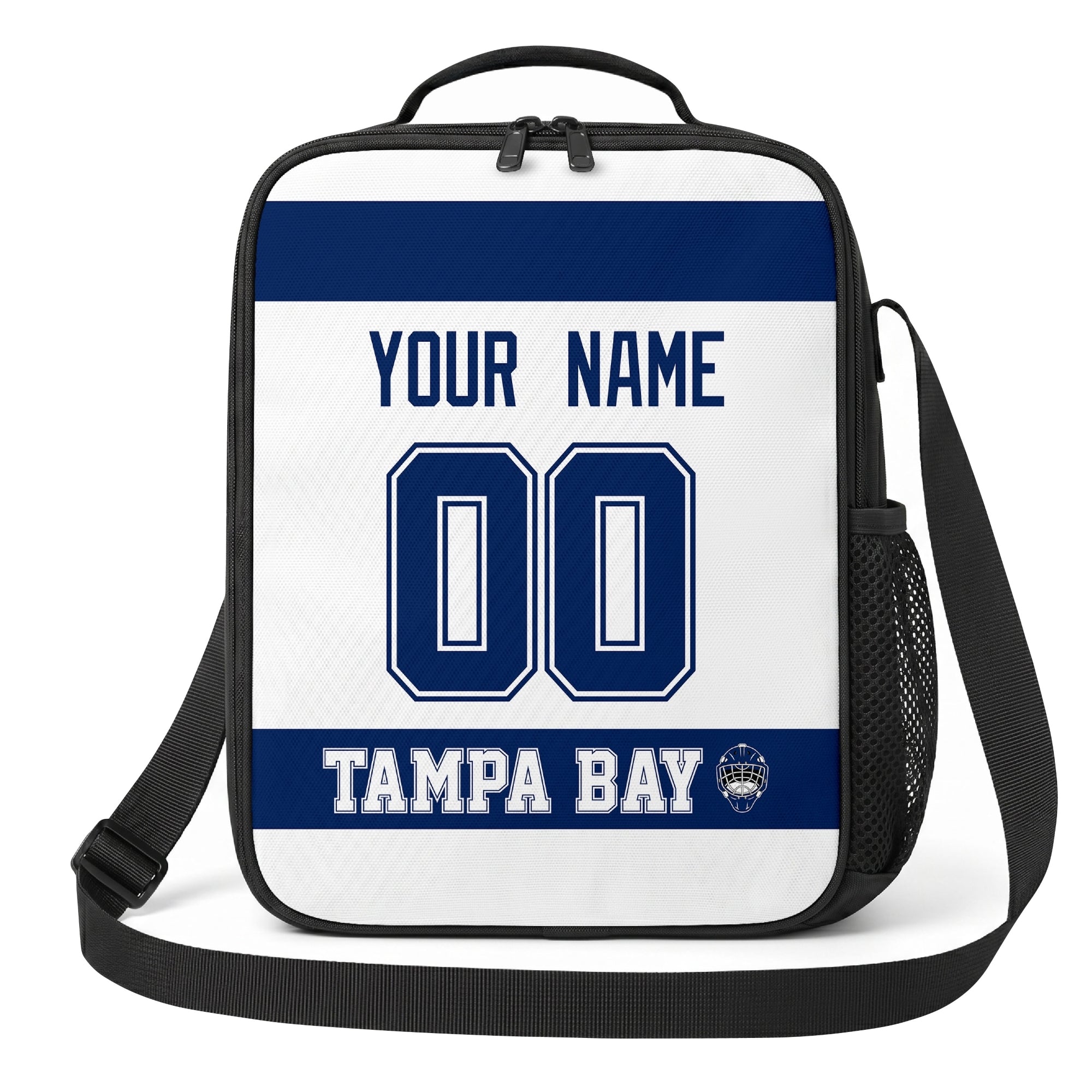 Tampa Bay hockey shoulder bag front view in White city-color style with custom name and number