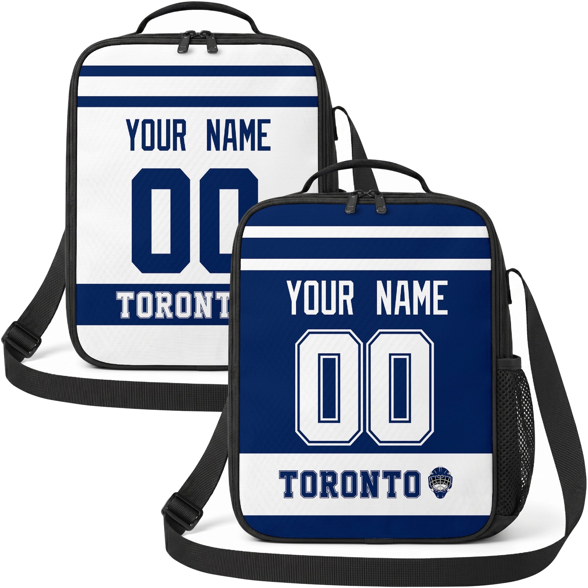 Personalized Toronto hockey shoulder bag showing both blue and white city-color styles
