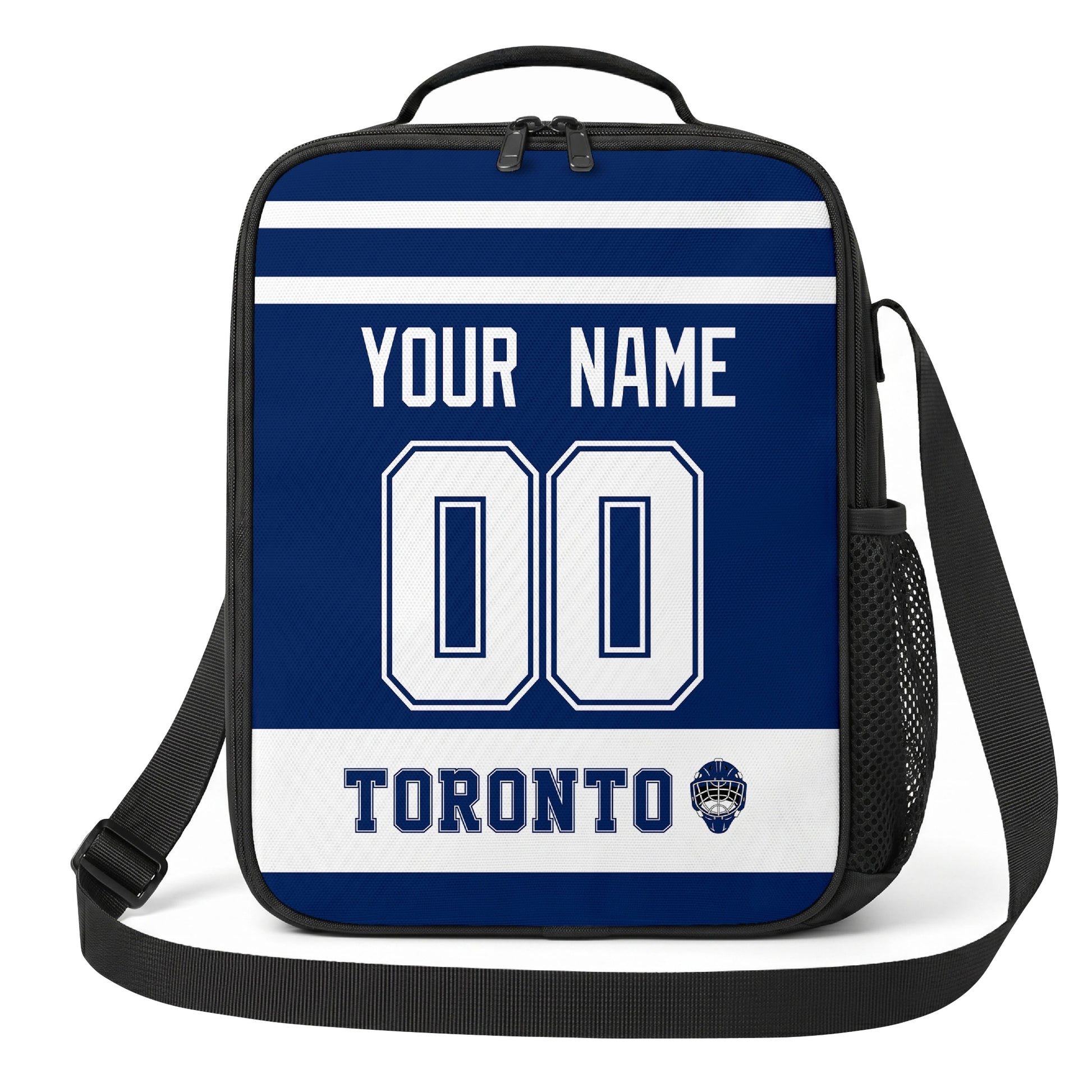 Toronto hockey shoulder bag front view in Blue city-color style with custom name and number
