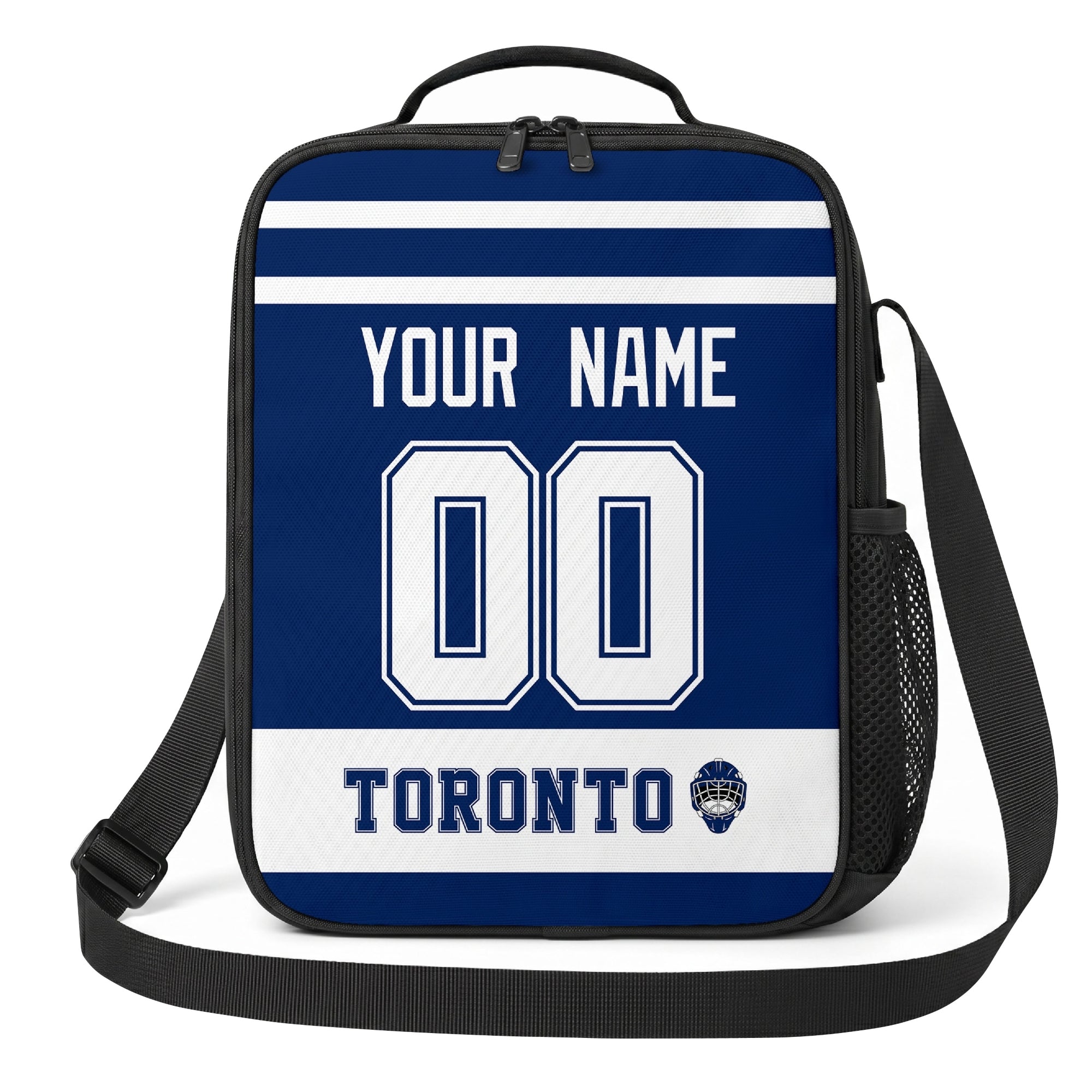 Toronto hockey shoulder bag front view in Blue city-color style with custom name and number