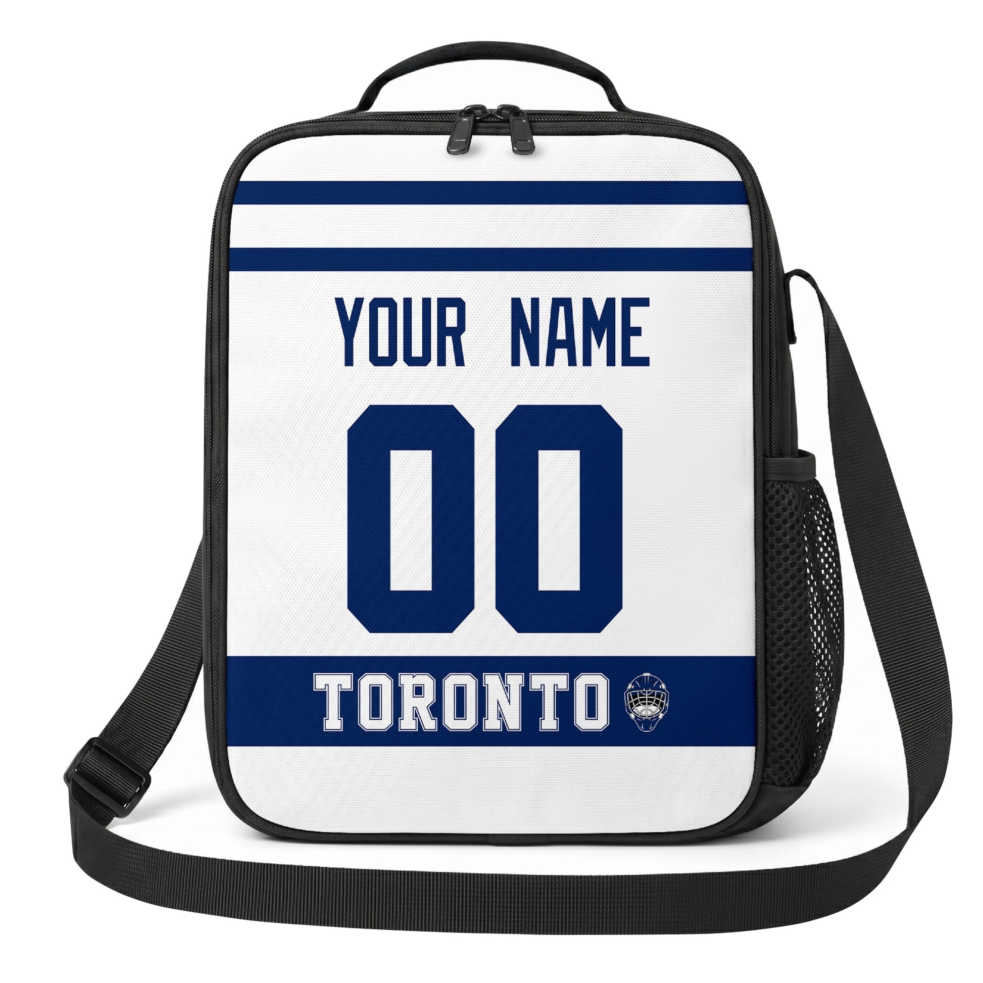 Toronto hockey shoulder bag front view in White city-color style with custom name and number