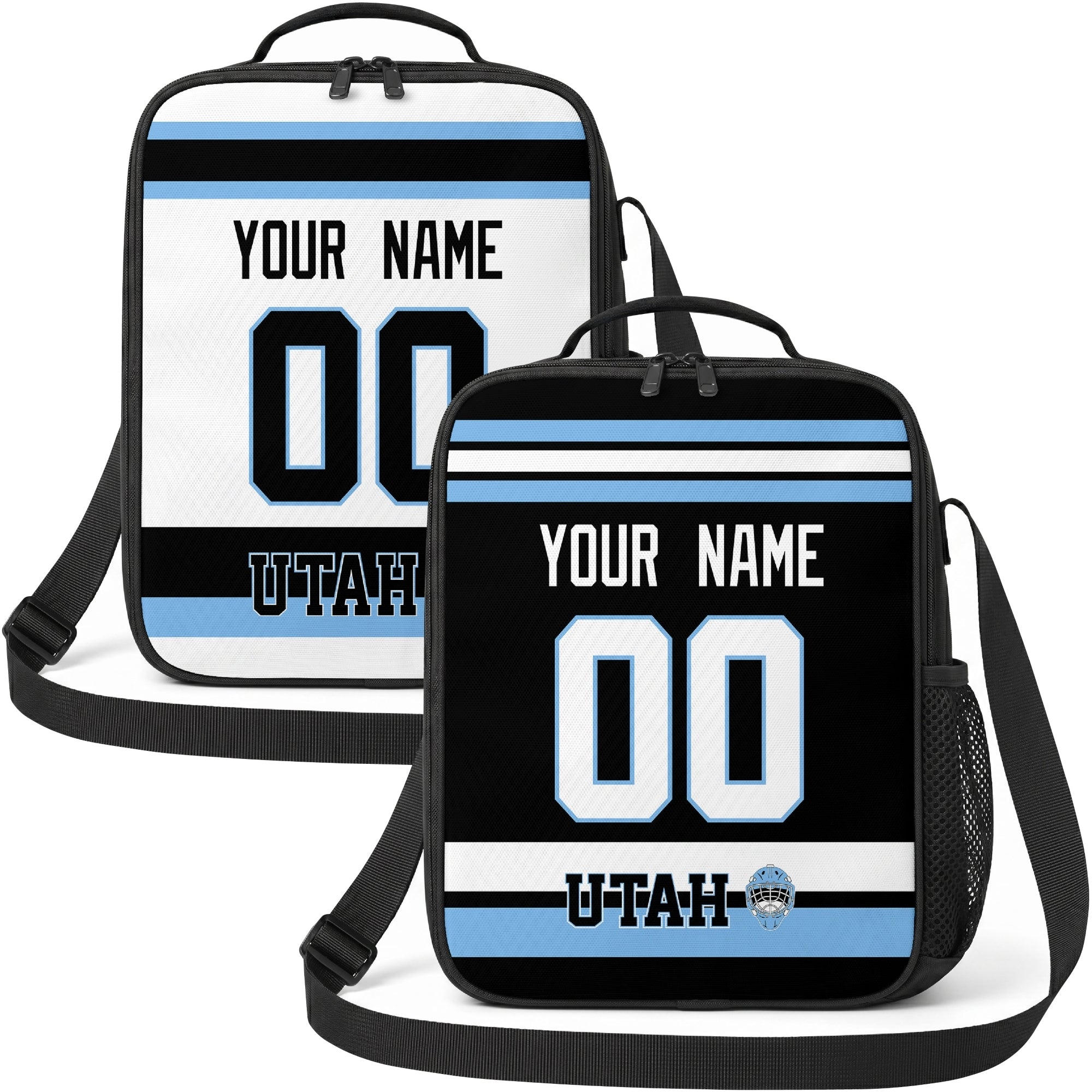 Personalized Utah hockey shoulder bag showing both black and white city-color styles