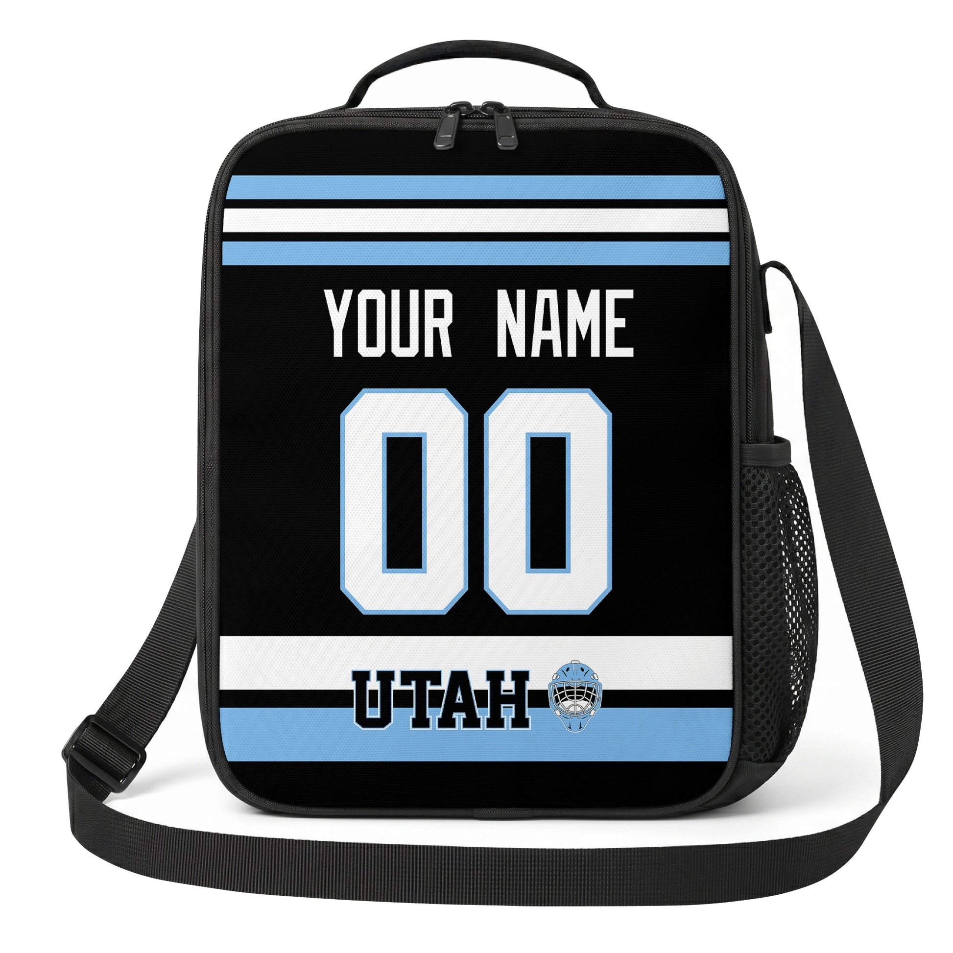 Utah hockey shoulder bag front view in Black city-color style with custom name and number