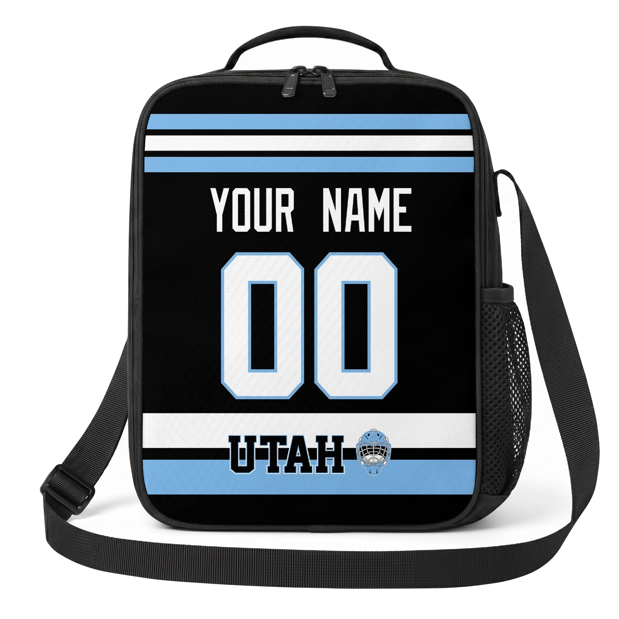 Utah hockey shoulder bag front view in Black city-color style with custom name and number