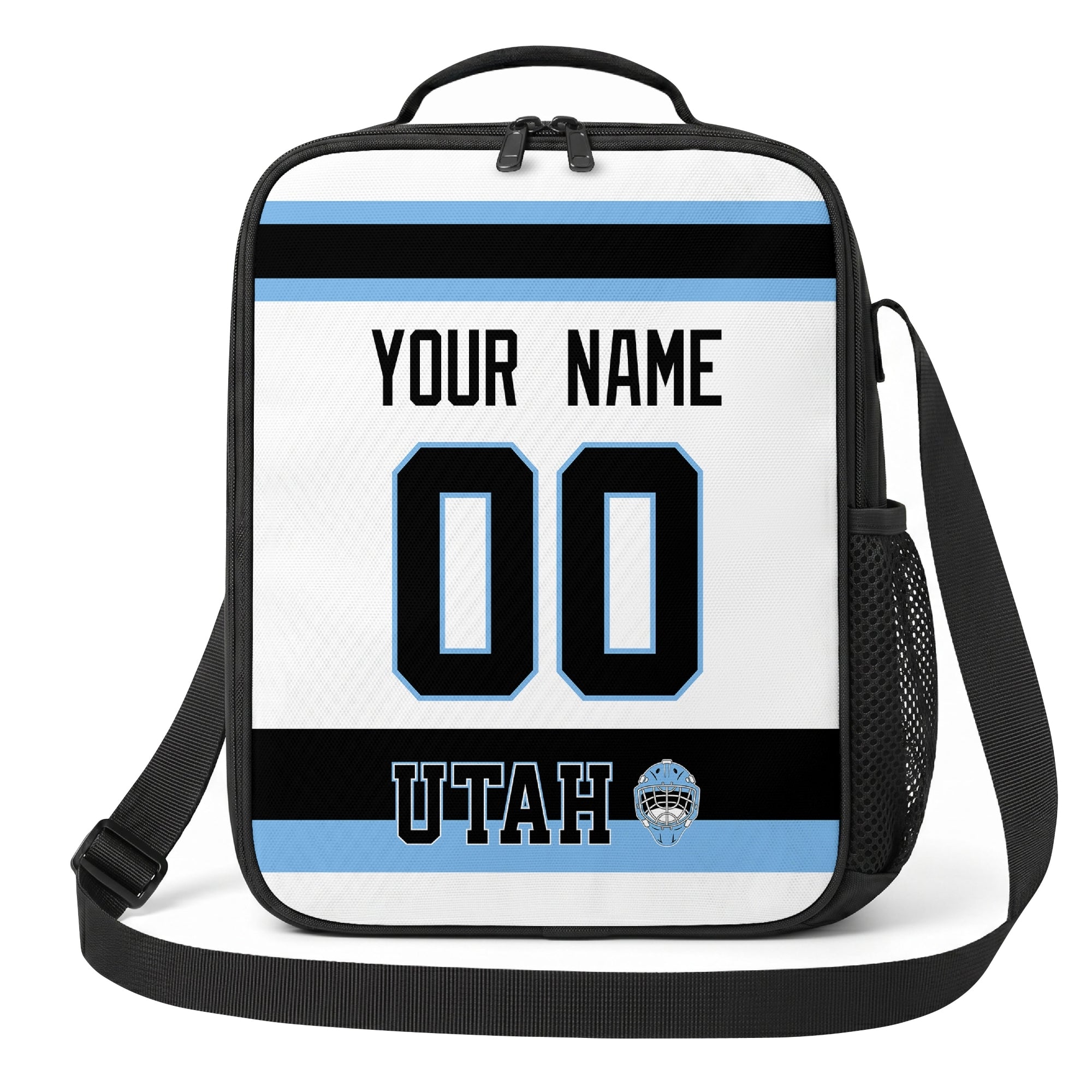 Utah hockey shoulder bag front view in White city-color style with custom name and number