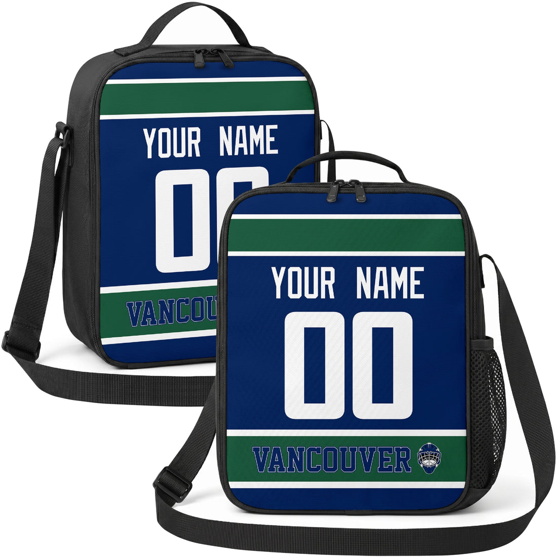 Personalized Vancouver hockey shoulder bag showing both blue and white city-color styles