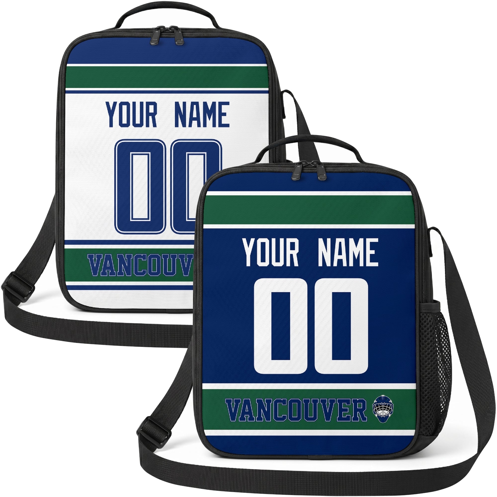 Personalized Vancouver hockey shoulder bag showing both blue and white city-color styles