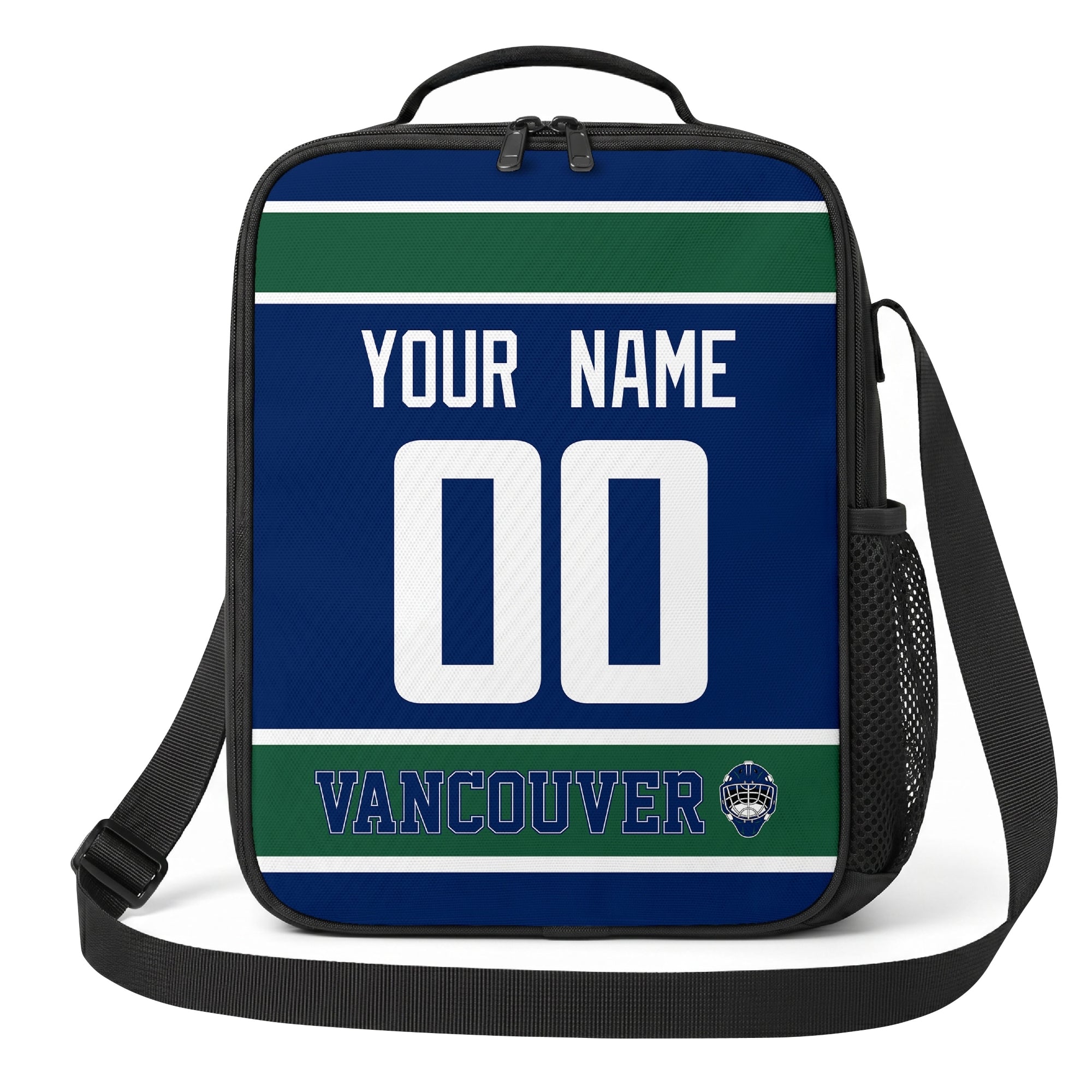 Vancouver hockey shoulder bag front view in Blue city-color style with custom name and number