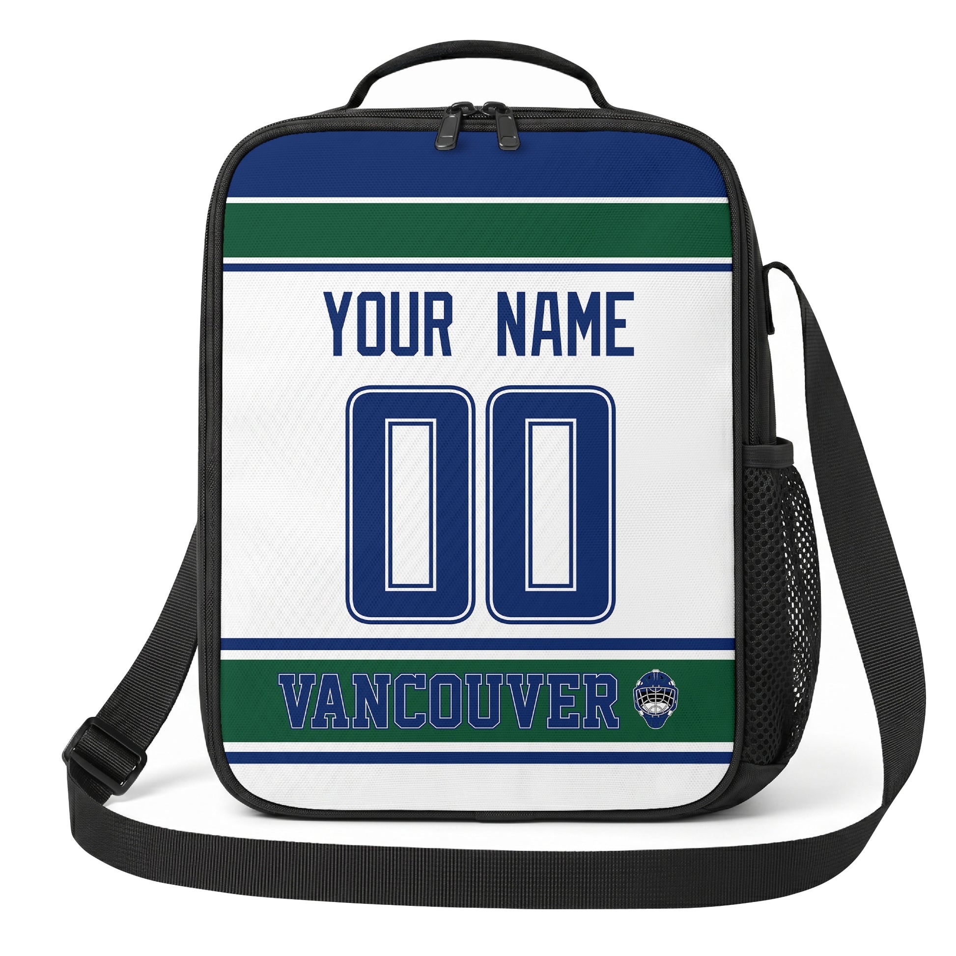 Vancouver hockey shoulder bag front view in White city-color style with custom name and number