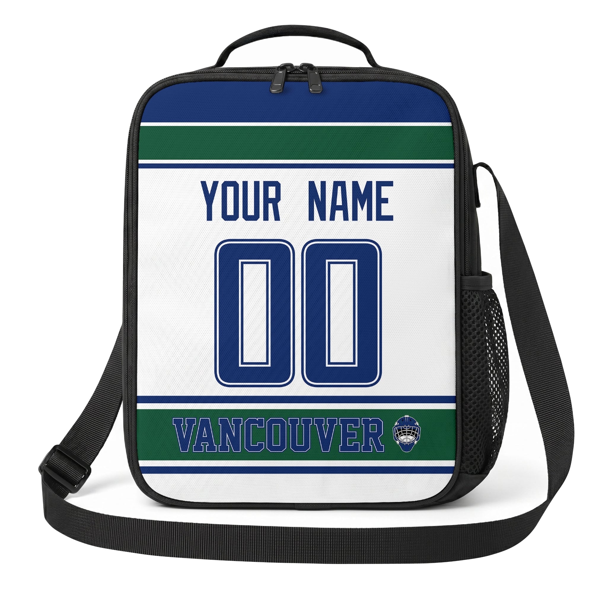 Vancouver hockey shoulder bag front view in White city-color style with custom name and number