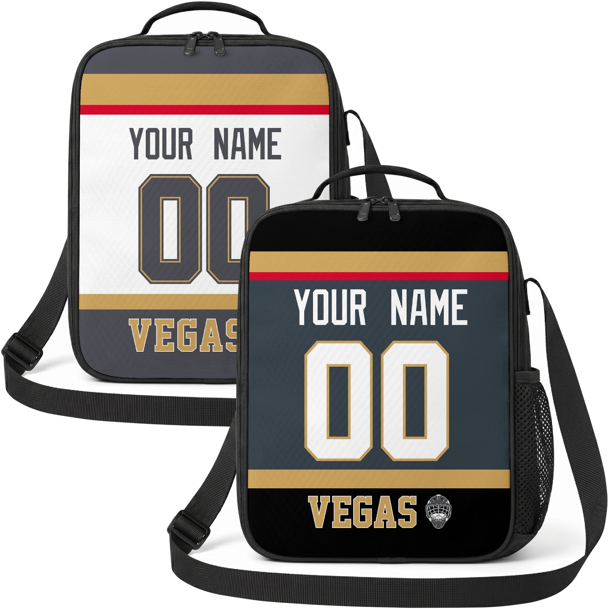 Personalized Vegas hockey shoulder bag showing both gray and white city-color styles